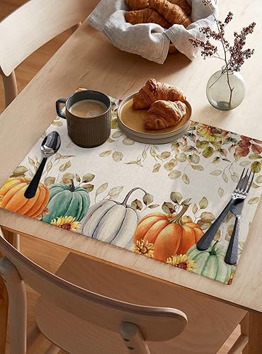 Miniatura 2 de Juego de 6 manteles individuales de otoño con hojas de eucalipto para mesa de comedor, de lino y algodón, impermeables, calabazas, cosecha,