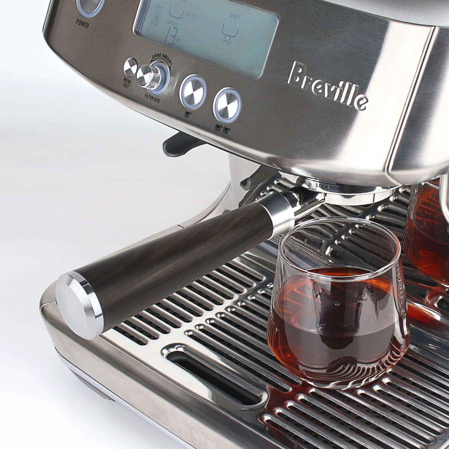 Portafiltro senza fondo da 54 mm per macchine Breville serie 8 | Cestello filtro incluso | Portafiltro da 54 mm con manico in legno massello adatto a Breville Barista Express