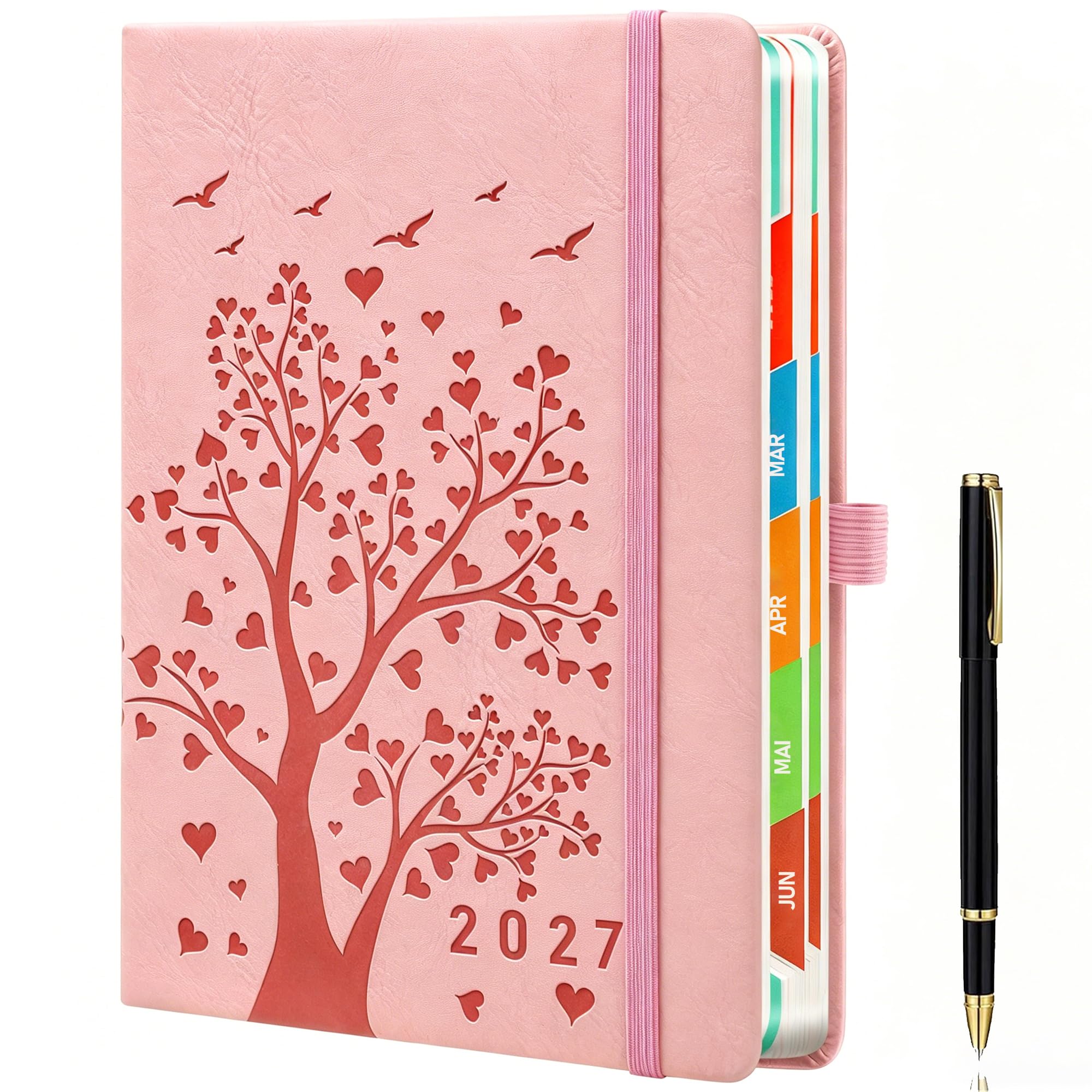 Daily Planner 2027 A5 Pink - Calendar 2027 Daily 1 Day per Page Diary 2027 Daily with Heart Tree Design, Book Calendar 2027, Gift for Women, Hard Cover, 100gsm Paper