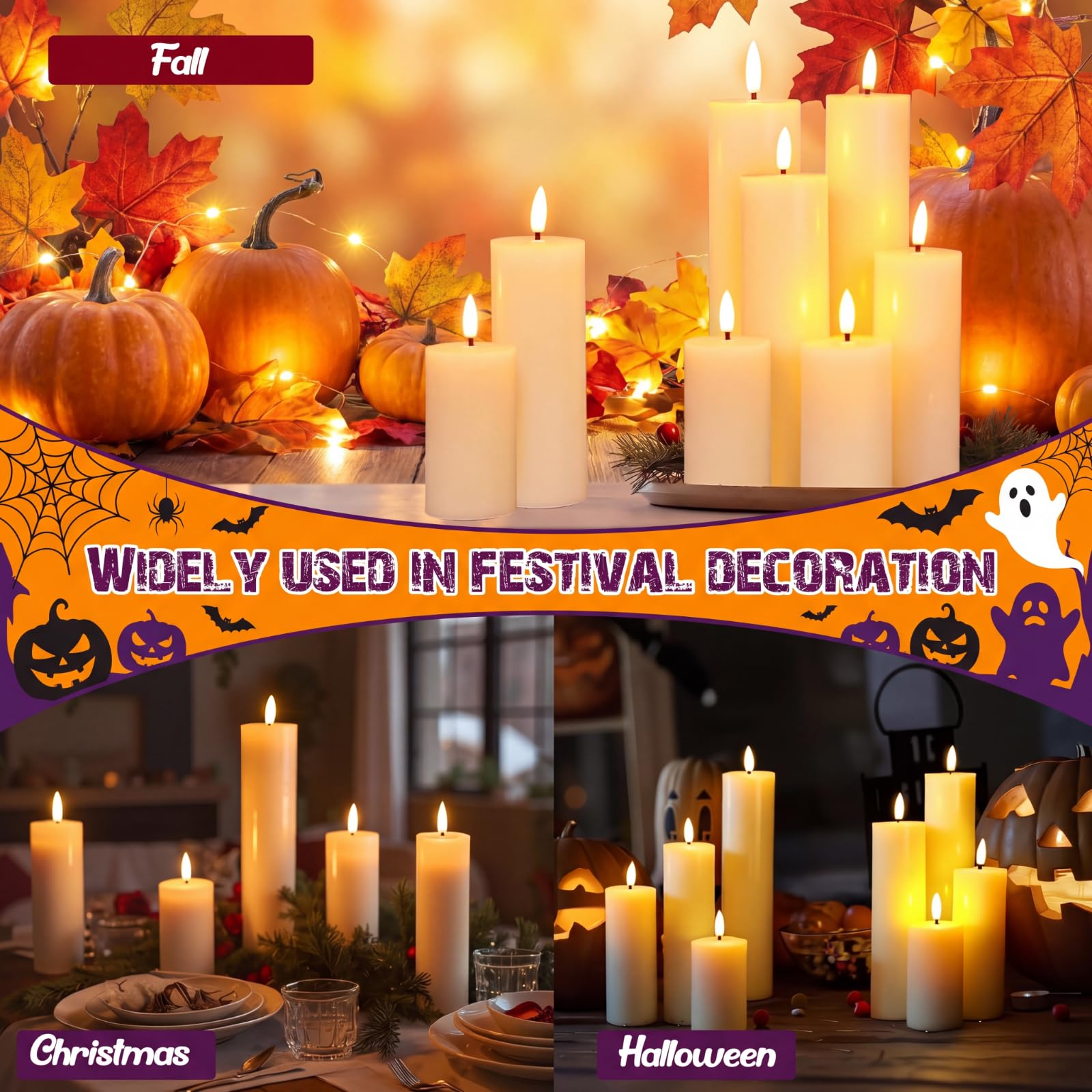 Retisee Schmale, flackernde flammenlose Stumpenkerzen mit Fernbedienung, batteriebetrieben, LED-Echtwachs, künstliche 3D-Docht-Kaminkerzen für Herbst, Halloween, Erntedankfest, Hochzeit