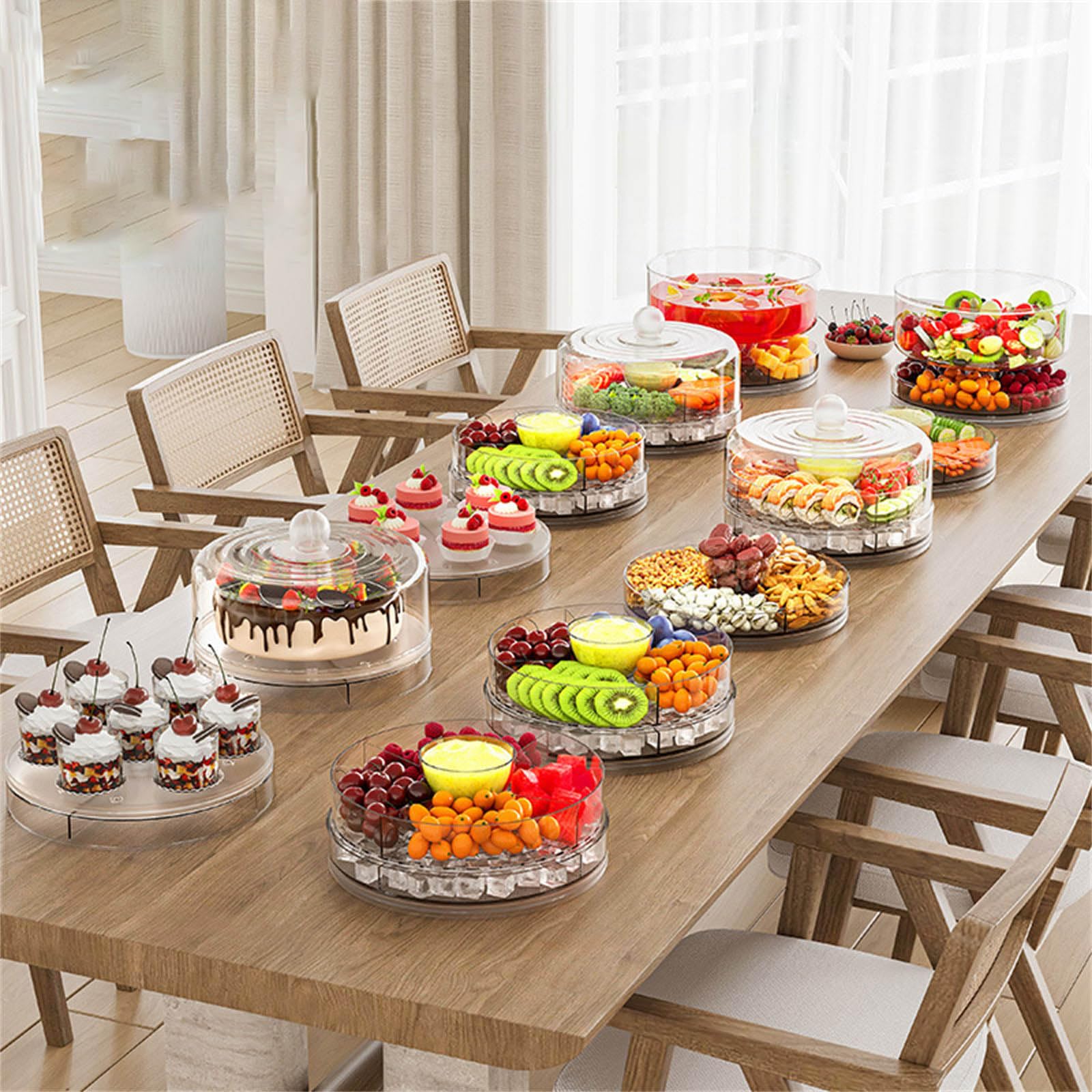 Vassoio trasparente a 360 gradi, 4 sezioni divise per snack, preparazione esposizione, riunioni di famiglia, uso quotidiano, soluzione salvaspazio da cucina