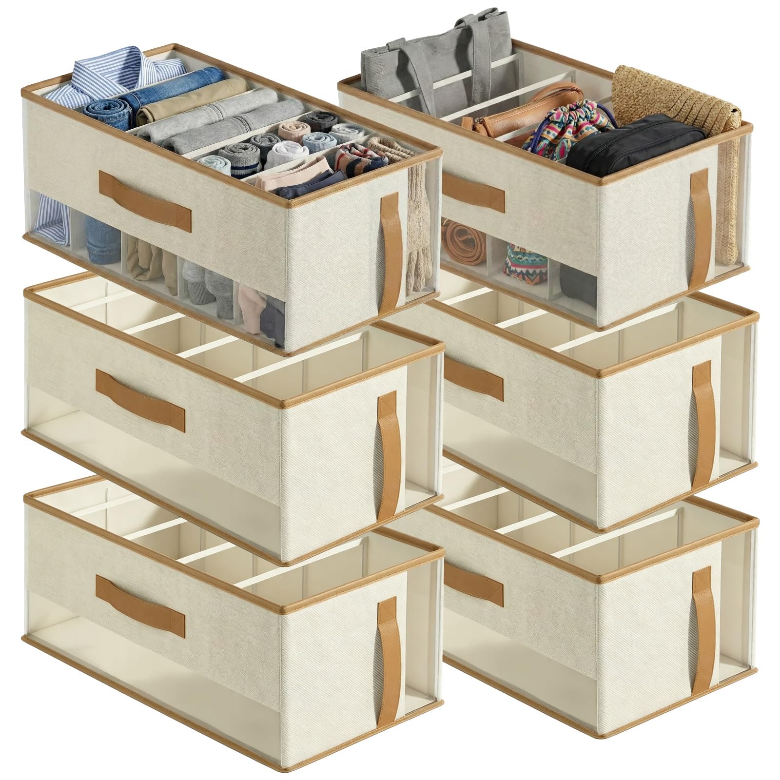 Wardrobe Storage Organiser Foldable - 6 Packs Purse Organizers Closet and Foldable Closet Organizers with Dividers Linen Fabric Storage Stackable Boxes Bin for Bag, Pant, Sweater, T-shirt, Scarf