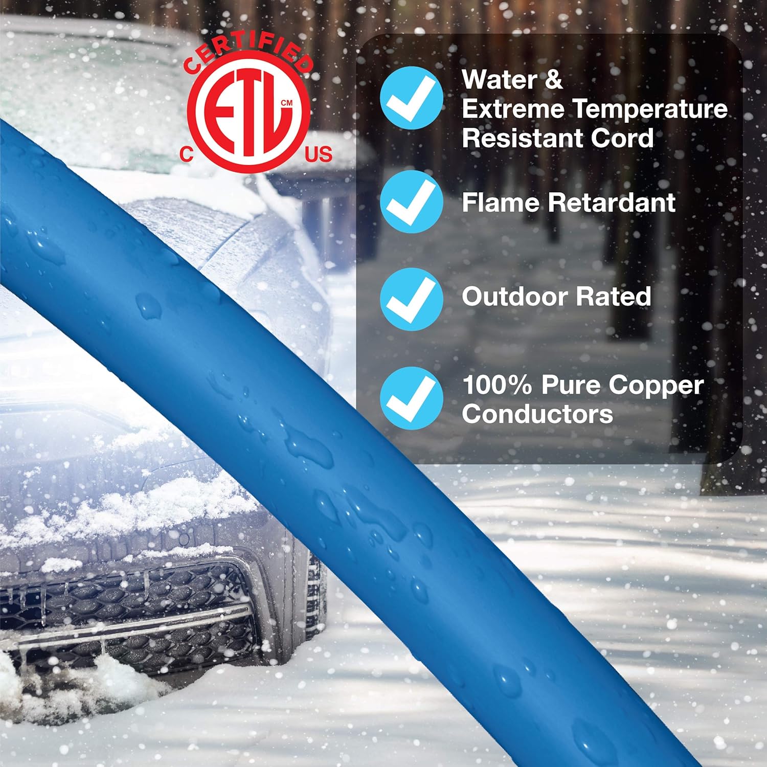 Clear Power Heavy Duty Outdoor Extension Cord - 100 FT, Blue | for Extreme Cold Weather -50°C, 16/3 SJTW, 3 Prong Grounded Plug, with Power Indicator Light (CP10075)