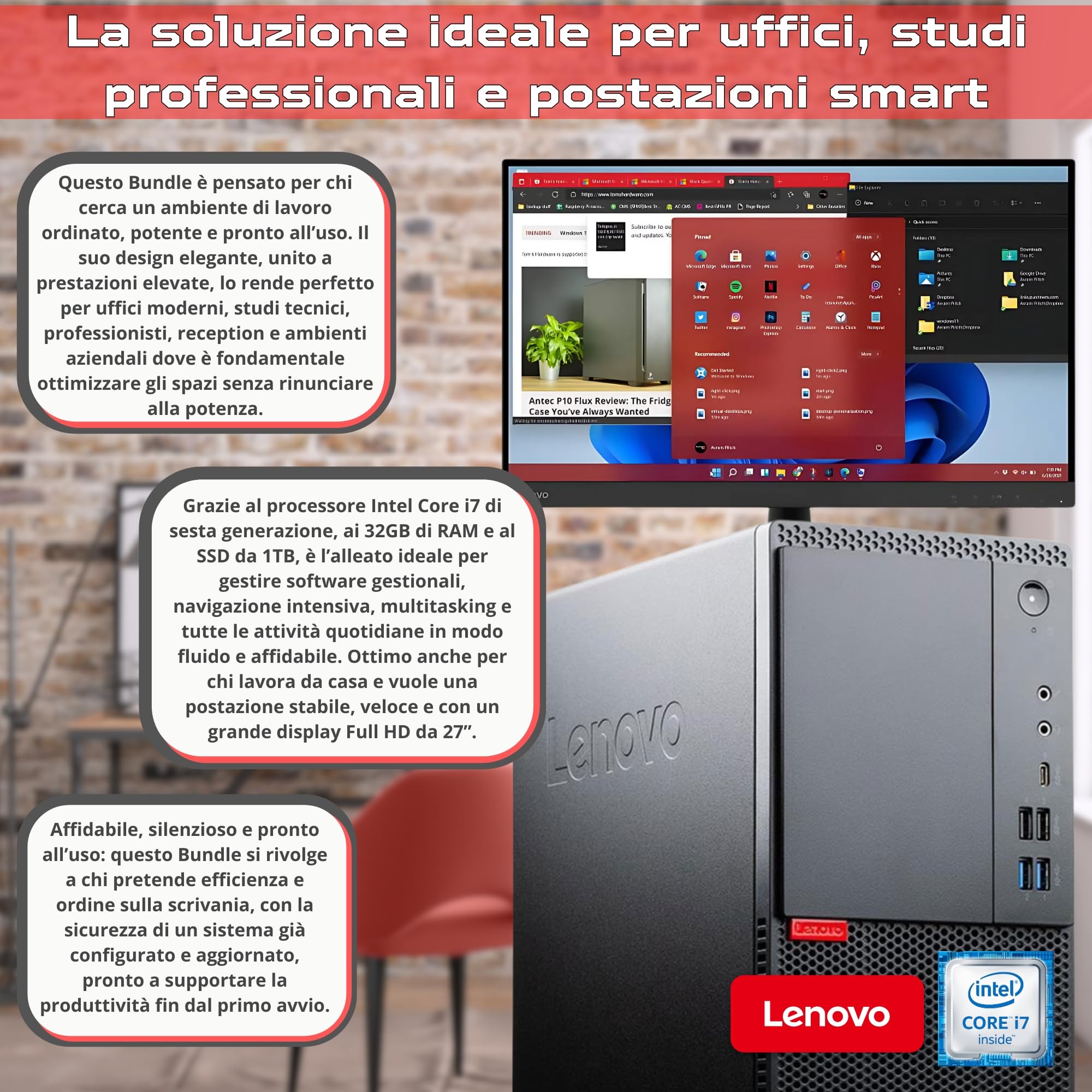 Lenovo PC Completo Ufficio Professionale i7 no a 4.0ghz - Monitor 27 Pollici FHD 32 GB di Ram 1 Tera SSD Nvme - - Win 11 Pro MS Office Garanzia 36 MEsi