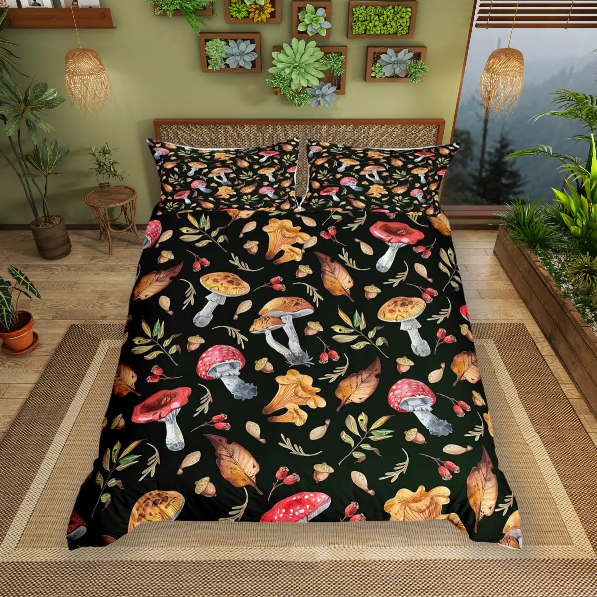 Feelingyou Boys White Black 01 Wild Mushroom Duvet Cover Set Double Size,Watercolor Autumn Leaves Botanical Comforter Cover With 2 Pillowcases,Farmhouse Hazelnut Print Breathable Bedspread For Teens Present, Soft