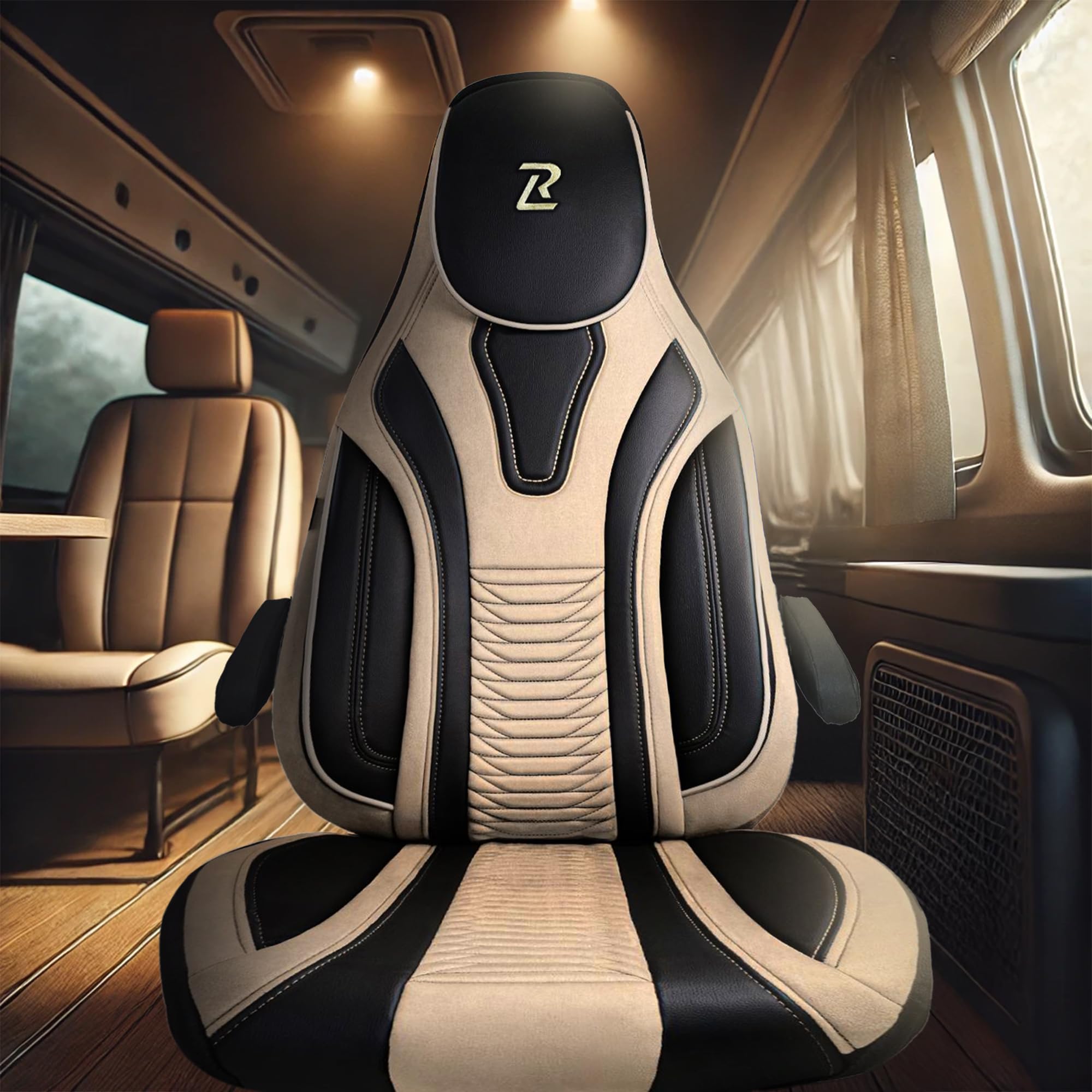 LUCARO Sitzbezüge Wohnmobil für FIAT Ducato, Peugeot Boxer mit 2 Stück | Wohnmobil Zubehör Beige für Citroen Jumper, Opel Movano C mit Velours & Kunstleder - Schutz & Komfort beim Fahren