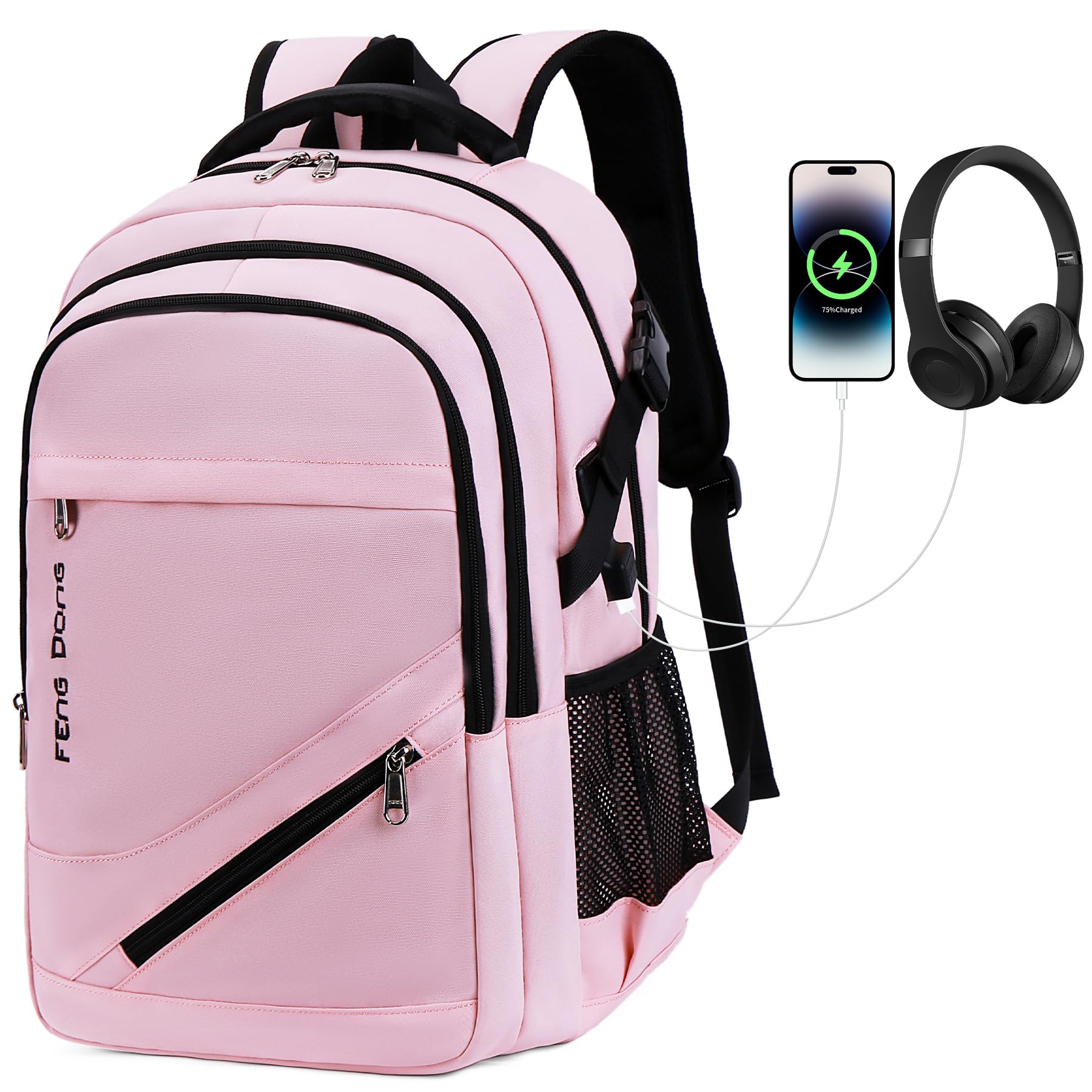 FENGDONG Large Laptop Backpack 17.3 inch Waterproof Travel College Backpack Bookbag,Crossbody Sling Bags for Men & Women Business Backpack Light Pink