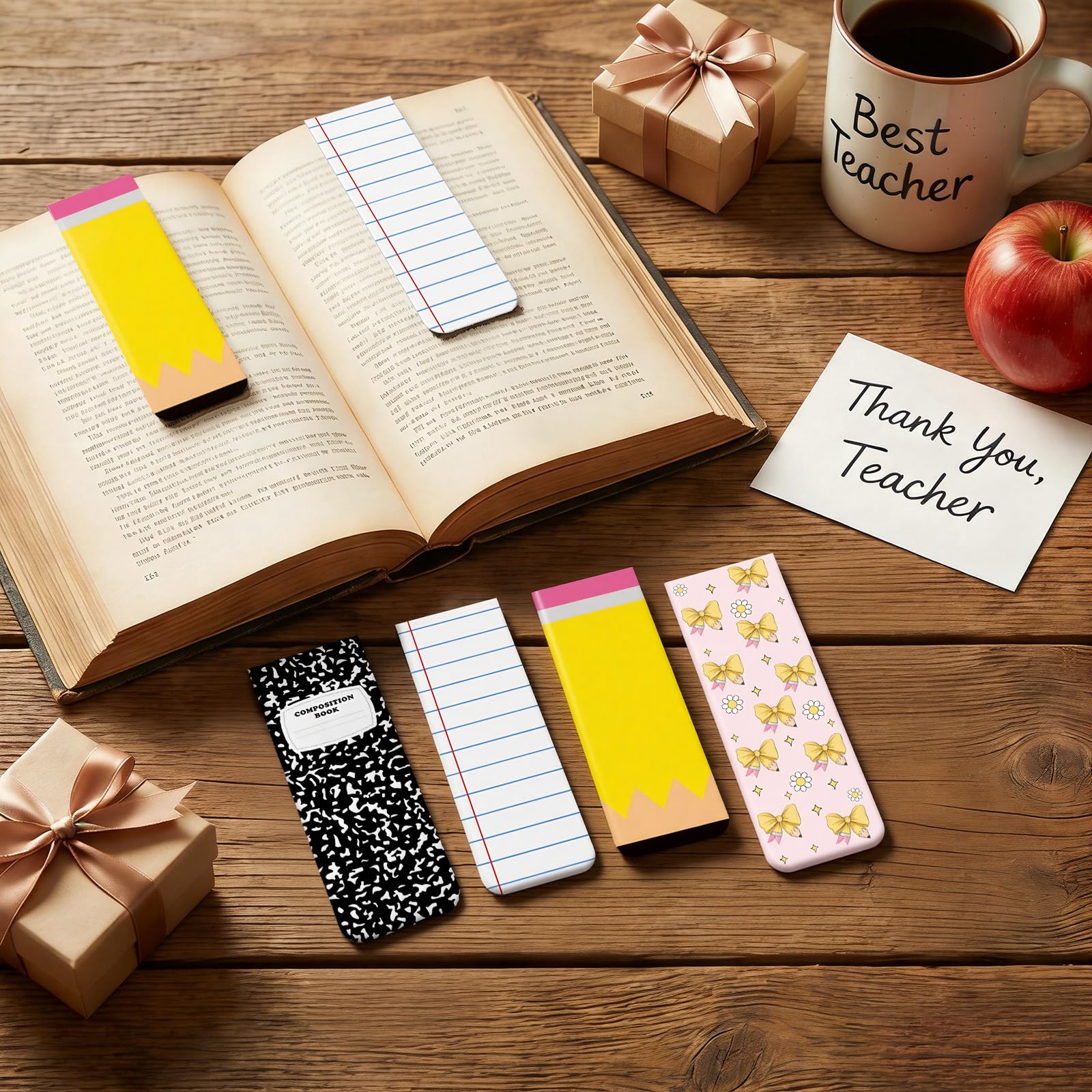 Lot de 12 grands marque-pages magnétiques pour enseignants - Fournitures de rentrée scolaire - 3,6 x 10,2 cm - Joli crayon - Marqueur de page pour enseignants, école, bureau, maison