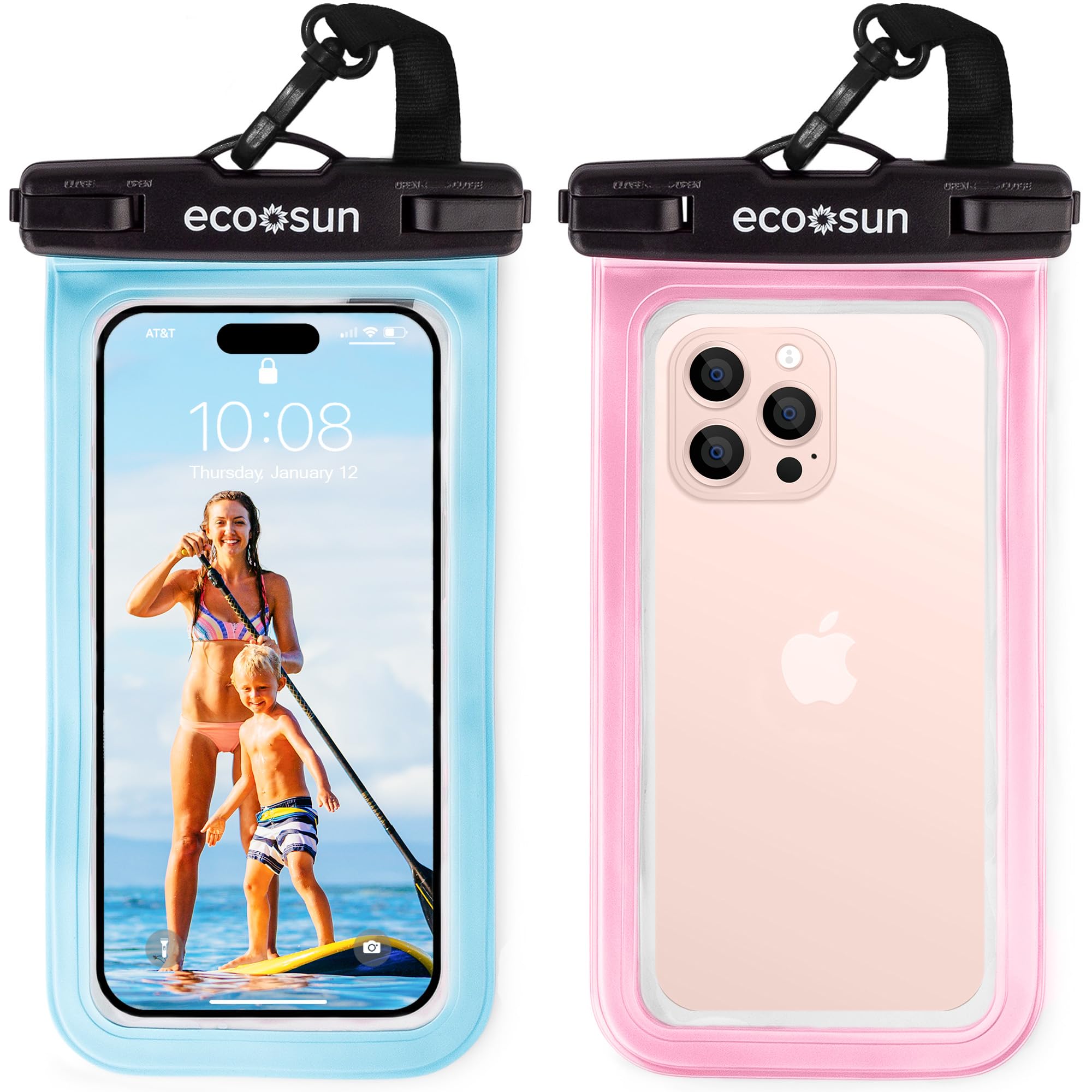 Waterproof Phone Pouch (2-Pack) — Designed in Hawaii — Case Fits All iPhones (incl. 16 Pro Max), Samsung Galaxy S24 Ultra & More Blue/Pink