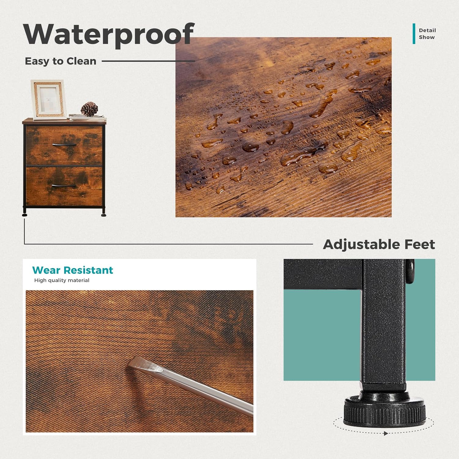 Rust Nightstands Set of 2 with Two Drawer Side Tables Living Room 2 Drawer Dresser Bedroom End Bedside Table Cabinet with Storage Night Stand, Wooden Top Metal Frame Handle, 20'' Tall