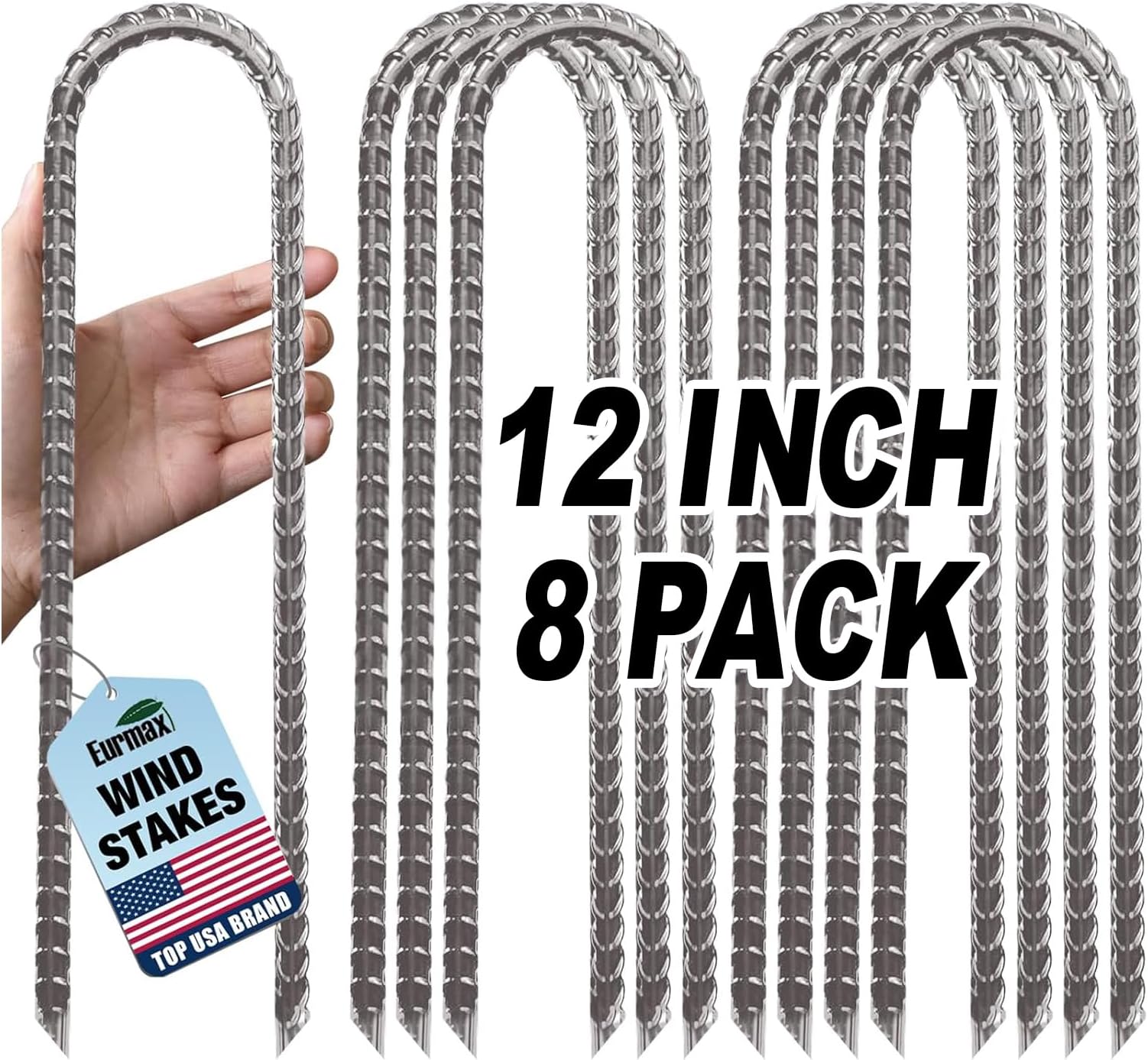 Eurmax USA 8-Pack U-Shape Ground Stakes,Rust-Proof Galvanized Steel Ground Anchors,Commercial Trampoline Stakes for High Winds,Secure Anti-Flip Tie Down for Soccer Goals,Swing Sets,Fences&Playsets