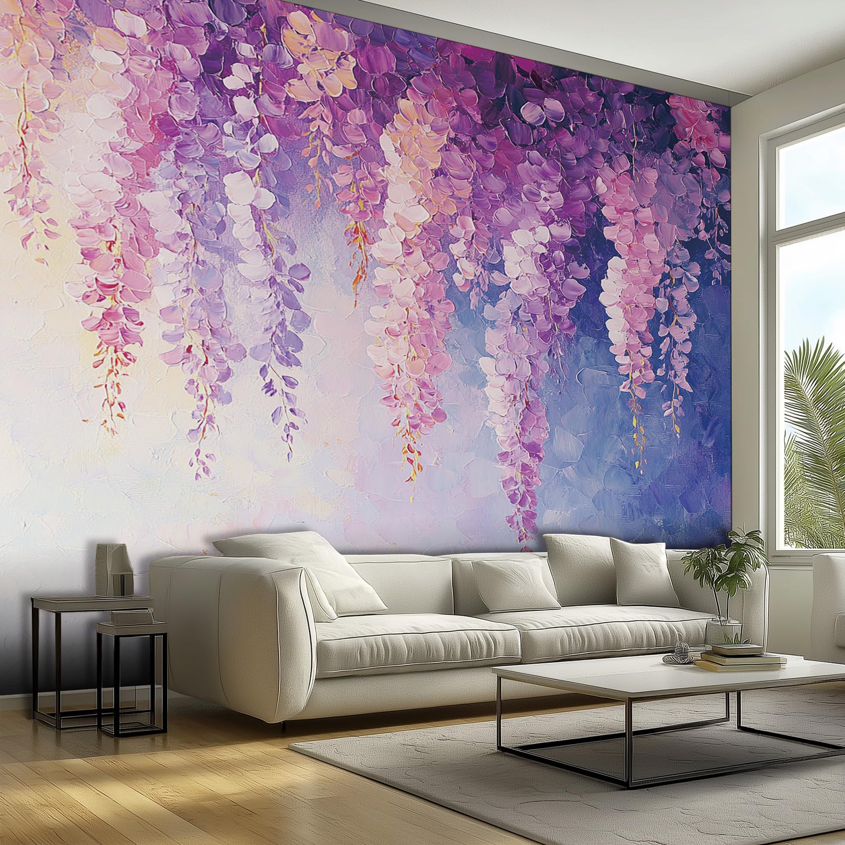 Wisteria Floral Wallpaper Mural, Purple Flower Wall Mural, Non-woven Print Photo Wallpaper for Bedroom Living Room Decor 150x105 cm SCz123