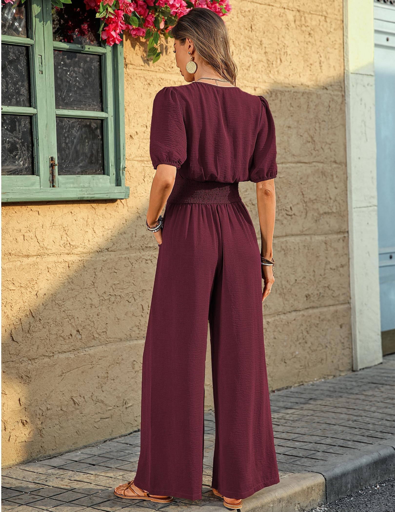 Salopette Donna Estiva Maniche Corte Scollo a V Elegante Tuta Lang Tutina Jumpsuit Gamba Allentata Con Tasche Pagliaccetto Spiaggia Vacanza Outfit