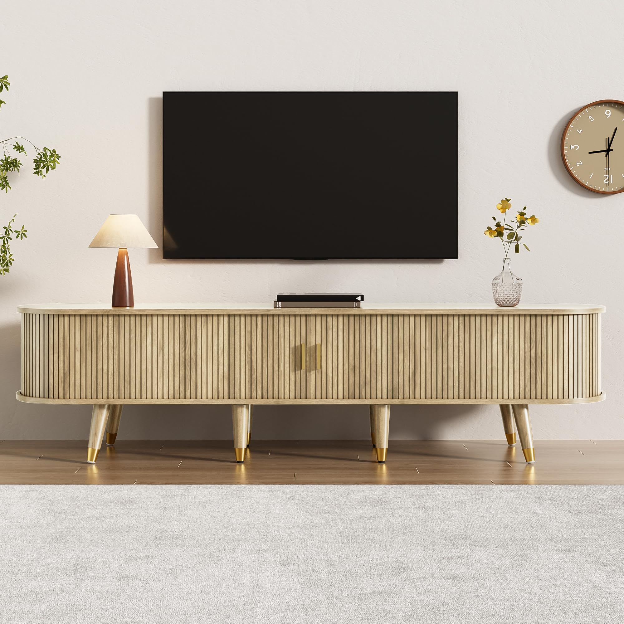 Merax TV Stand with Sliding Door, Natural TV Cabinet, Country-Style Media Unit with Shelves, Drawers & Cupboard, Rustic MDF Entertainment Unit for Living Room - 175 x 38 x 45 cm