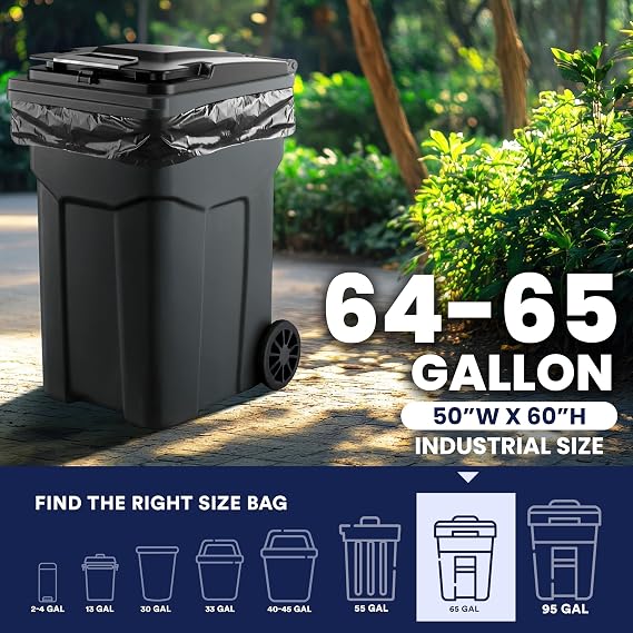 Plasticplace 64-65 Gallon Trash Can Liners for Toter 3.0 Mil Black Heavy Duty Garbage Bags 50 x 60 (25 Count),W65LDBTL3