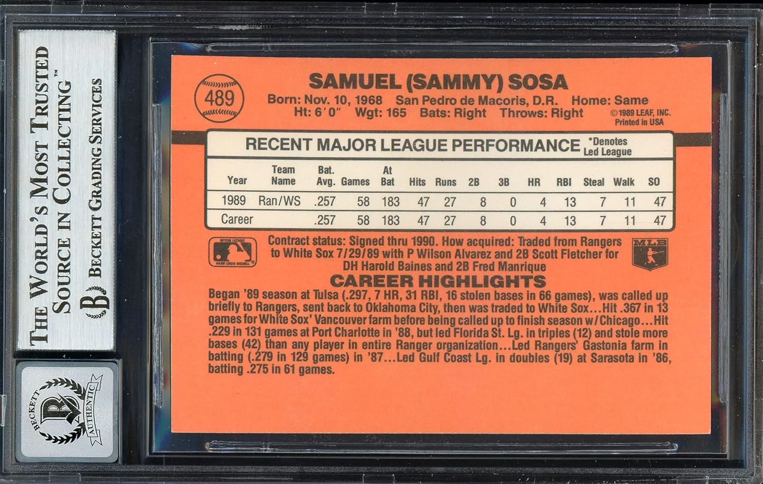 Sammy Sosa Autographed 1990 D.o.n.r.u.s.s Rookie Baseball Card #489 Auto Grade Gem Mint 10 "609 HR" Beckett BAS Stock #192891