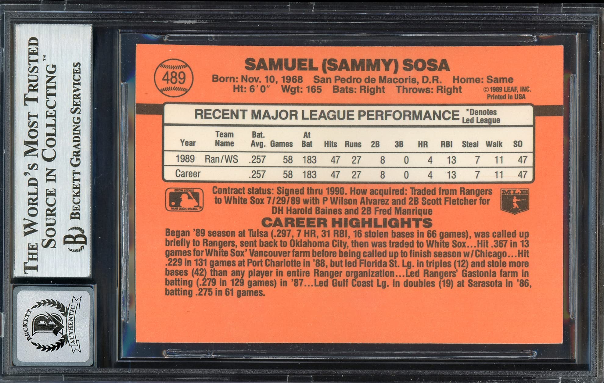 Amazon.com: Sammy Sosa Autographed 1990 D.o.n.r.u.s.s Rookie 