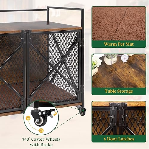 Miniatura 4 de Jaula para perros de 41 pulgadas, estilo mueble para perros grandes y medianos, jaula de madera resistente para perros con 4 ruedas con cerradura y