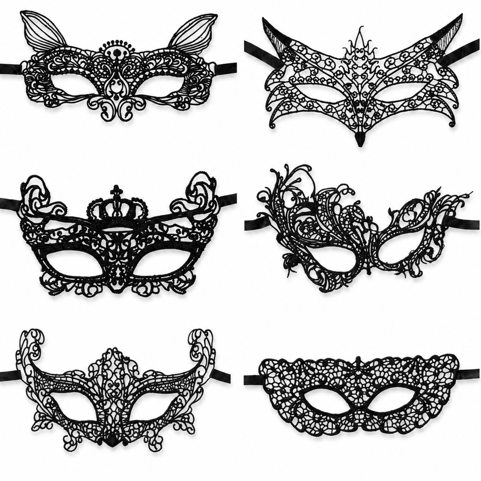 NoraGlaze 6-Pack Black Lace Masquerade Half Face Eye Masks for Women