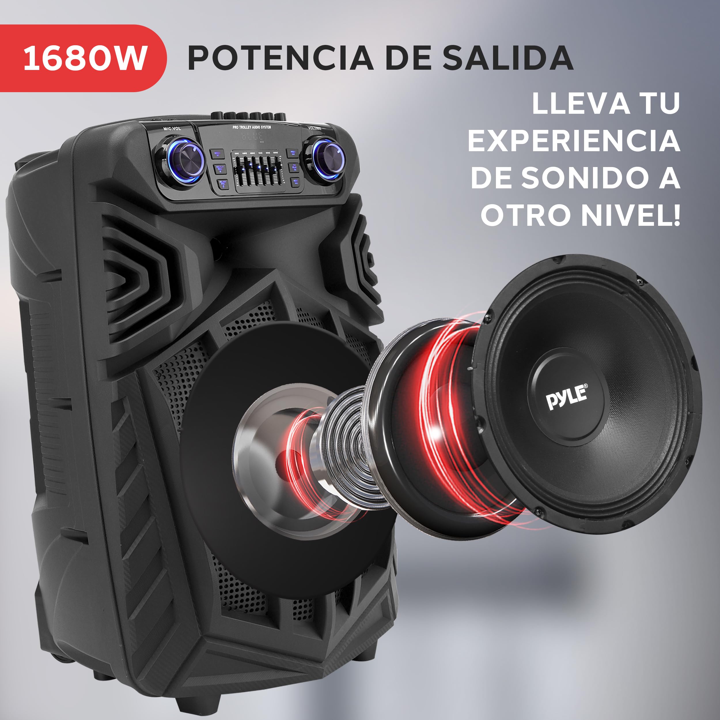 Pyle Sistema de Altavoces PA Bluetooth portatil, 1680W, Karaoke de 38cm, Recargable para Exteriores, Microfono inalambrico, Ruedas, Luces, Pantalla LED, Microfono, FM/AUX/MP3/USB/SD