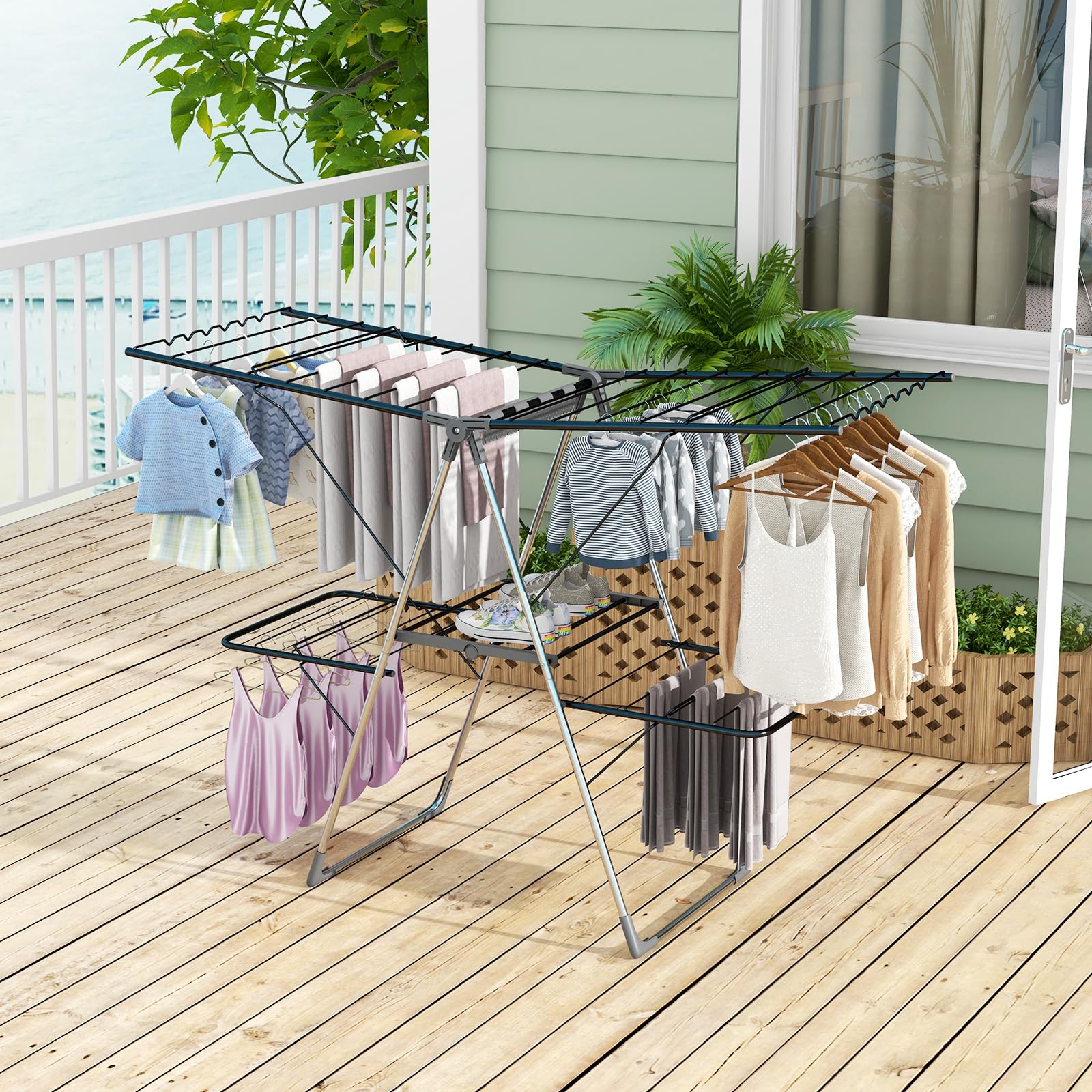 GIANTEX Stendibiancheria a 2 Livelli Pieghevole, Ali Estensibili 75-130 cm, Struttura in Acciaio con 33 Aste, Modello Autoportante per Casa e Giardino
