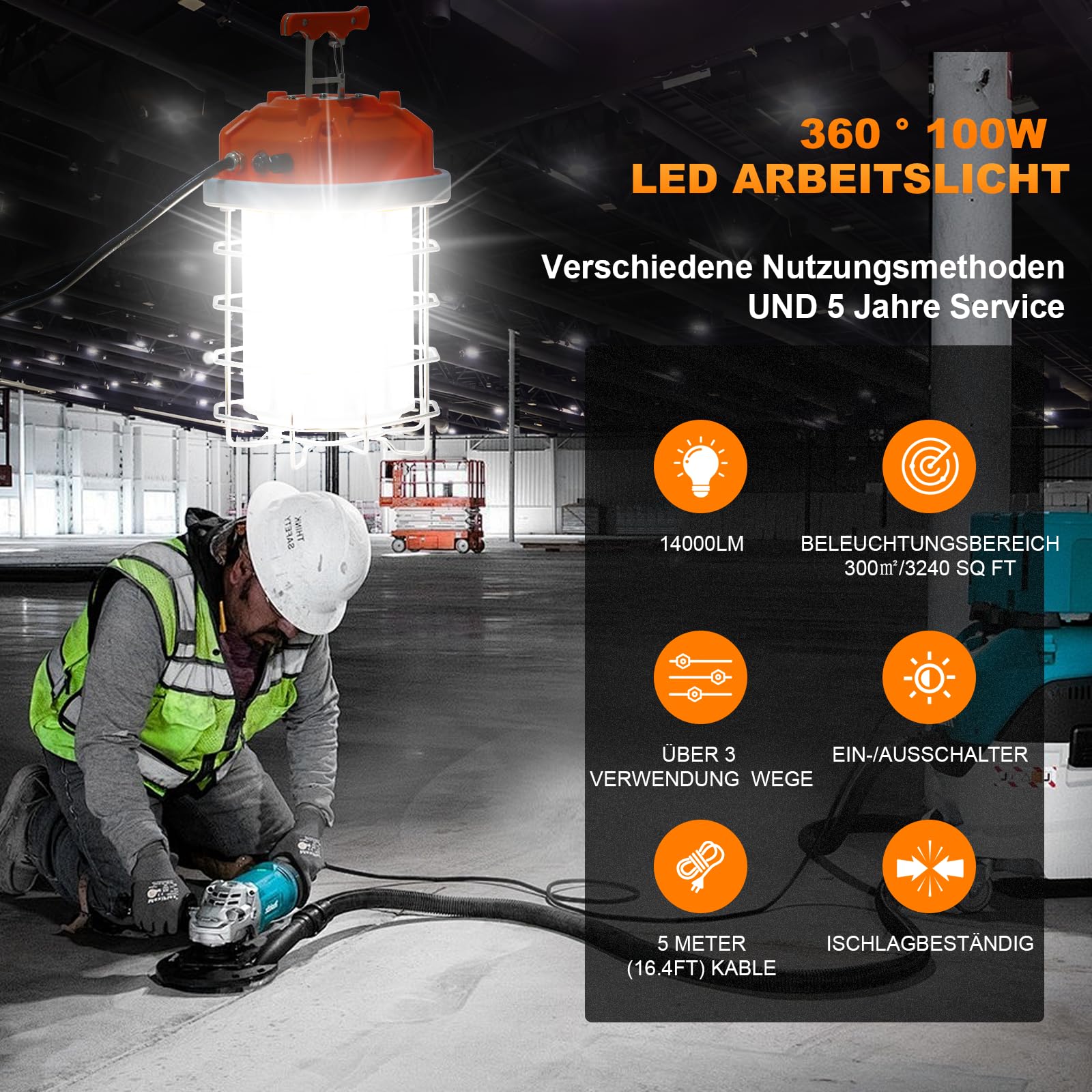 Foco LED para obras de construcción, 100 W, luz de trabajo portátil, 14000 lm, iluminación de 360°, IP64, resistente al agua (100 W, 14000 lúmenes)
