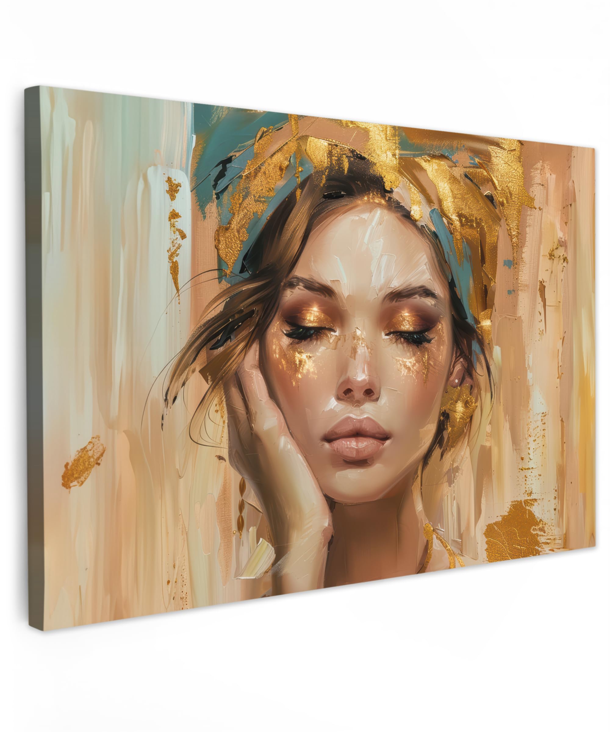 MuchoWow© Canvas Wall Art 47"x31" / 120x80 cm Decor Prints for Living Room Decorative Canvases Hall Artwork Woman - Portrait - Gold - Luxury