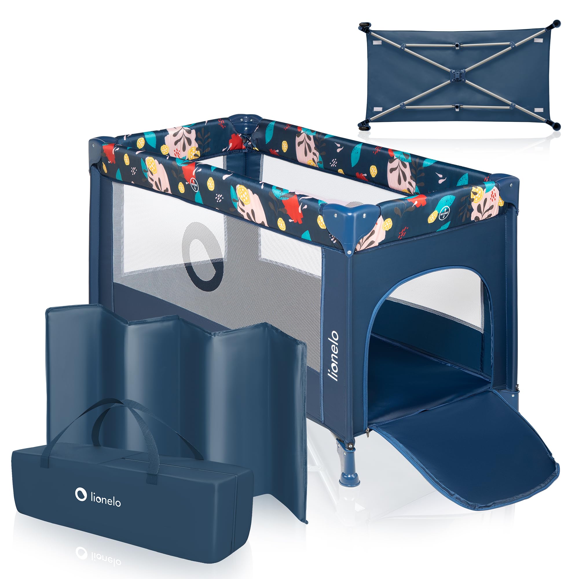 lionelo Stefi Cuna de Viaje para Bebé Apertura Lateral, Colchoneta 120x60 cm, Sistema LockGuard, Lados de Malla Transpirable, Bolsa de Transporte Incluida | Para Bebé Apertura Lateral, Lados de Malla Transpirable, Bolsa de Transporte Incluida