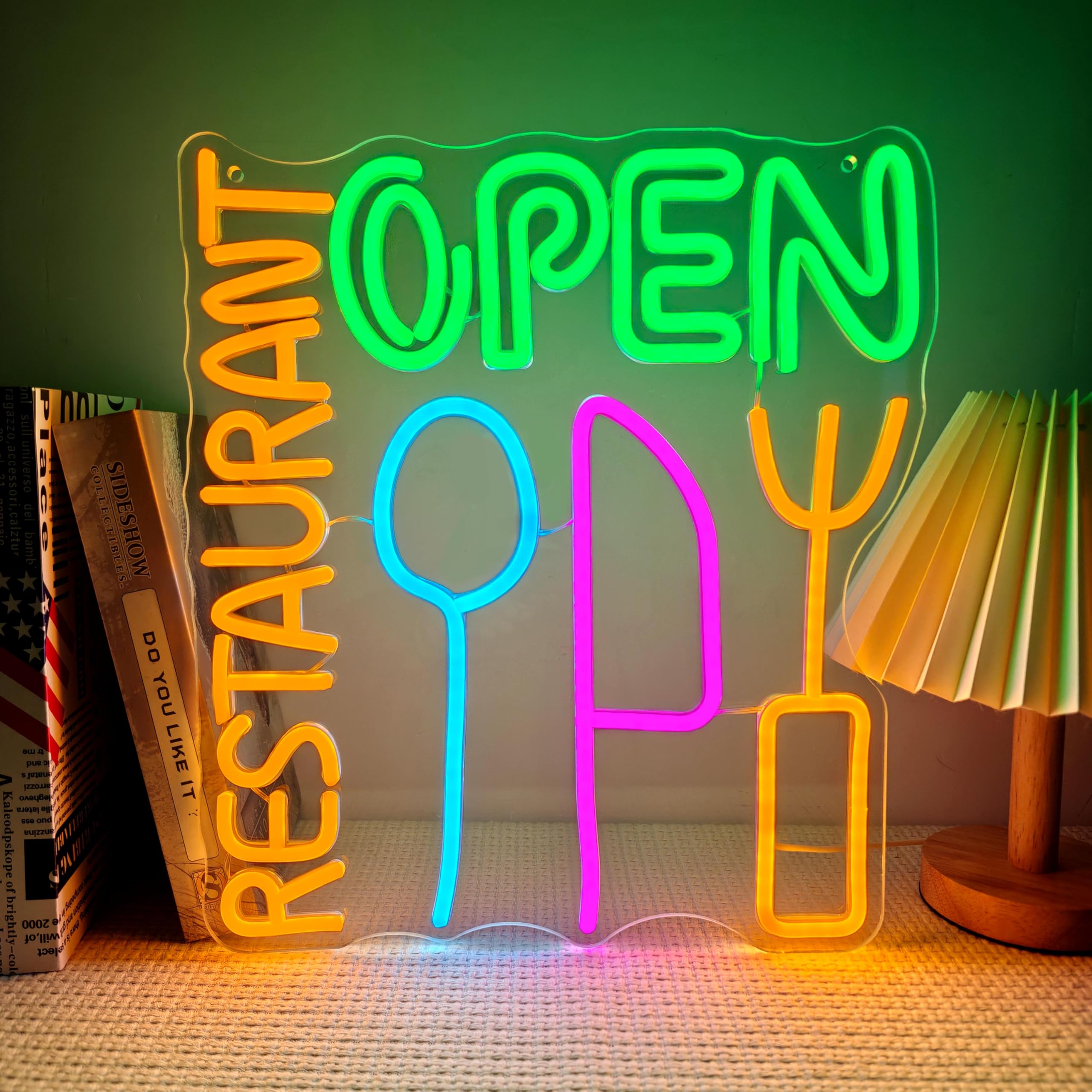 Insegna al neon multicolore con scritta "Restaurant Open", con utensili, alimentata tramite USB, per affari, sala da pranzo, bar, cucina
