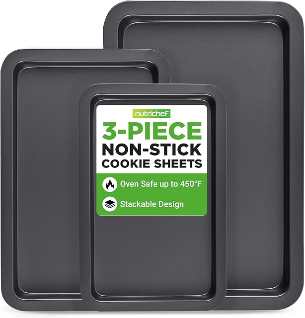 NutriChef, Feuille de cuisson, Pan à cuisson, Feuilles à biscuits, Ensemble de cuissons, Plateau de cuisson , Pan en feuilles , Antiadhésif , Qualité professionnelle, 3 Ensemble de pièces, empilable, noir