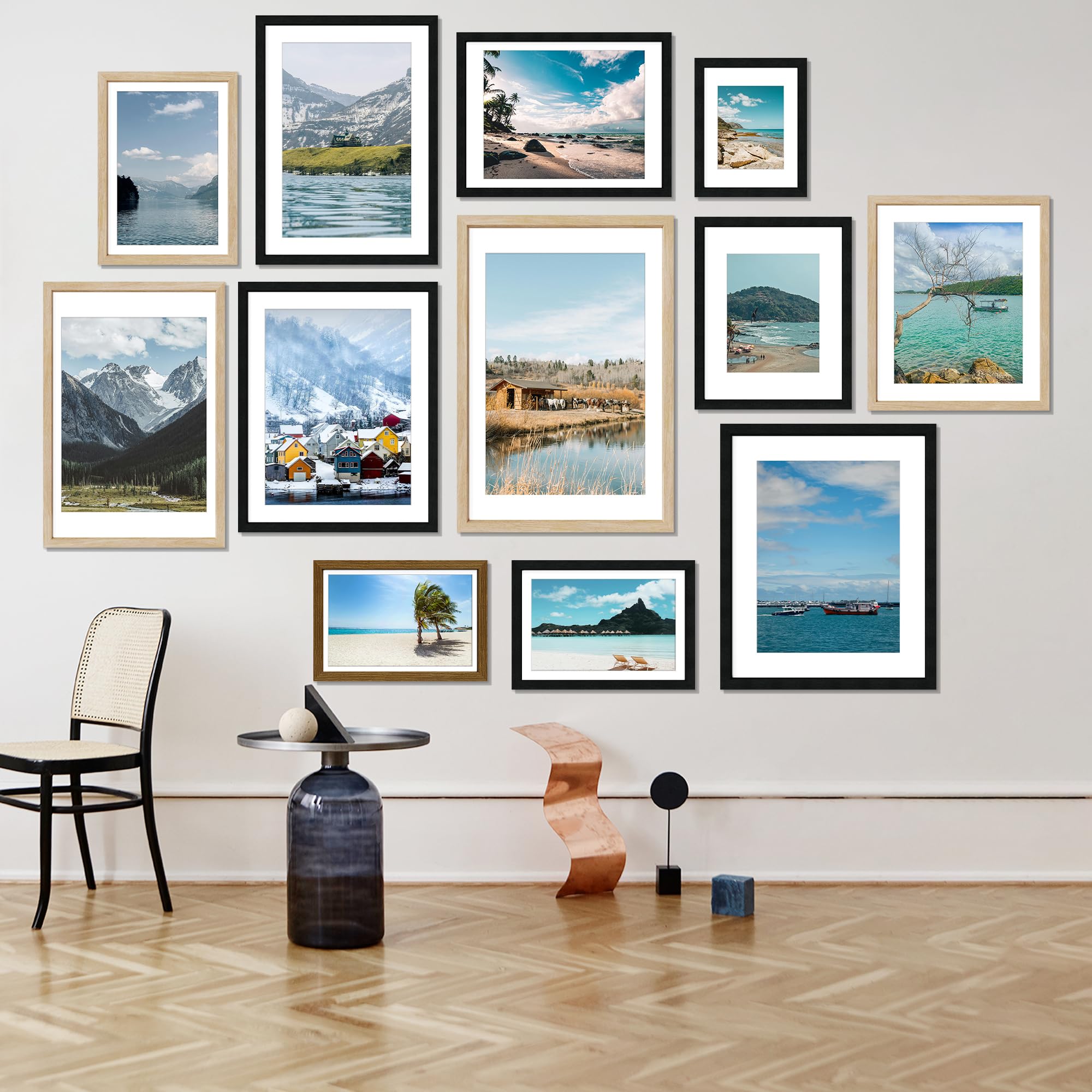 Ramka na plakat 12 x 18, obrazy ekspozycyjne 11 x 17 z matą lub 30 x 45 cm, bez, wiszące ramki ścienne, naturalny dąb, 3 szt