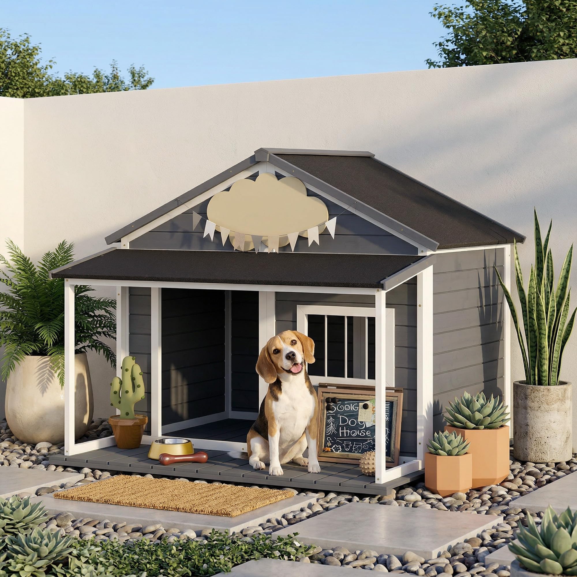 PawHut Niche pour Chien Extérieur Style Cabane en Bois, 124x112x105cm, Grande Niche avec Terrasse et Toit Bitumé Imperméable, Abri pour Chien jusqu'à 24 kg, Gris