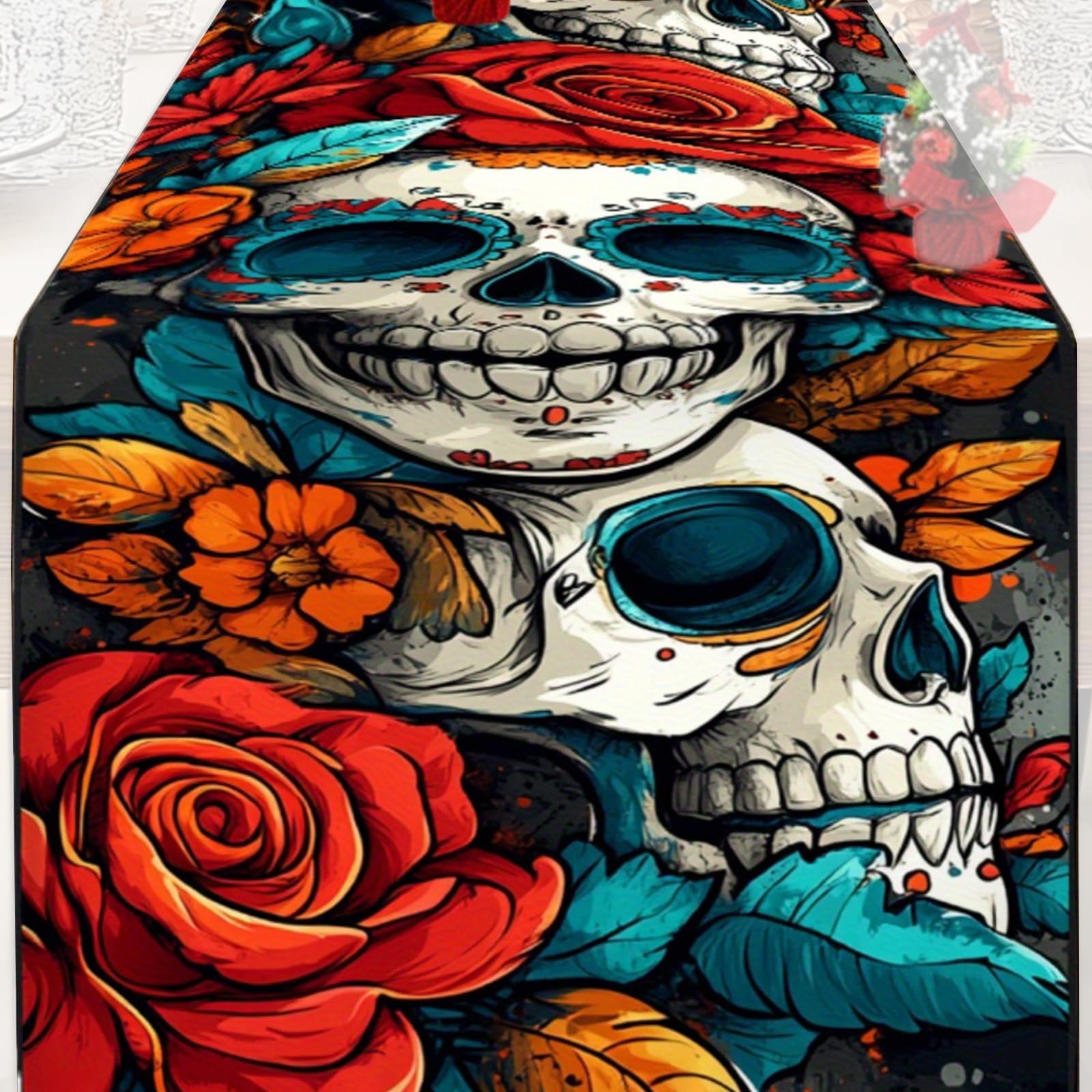NVOQILIN Eerie Skull Published Table Protect Halloween Home Deck Permanent Substance Machine Launderable for Celebratory Gatherings Skull Print Tablecloth