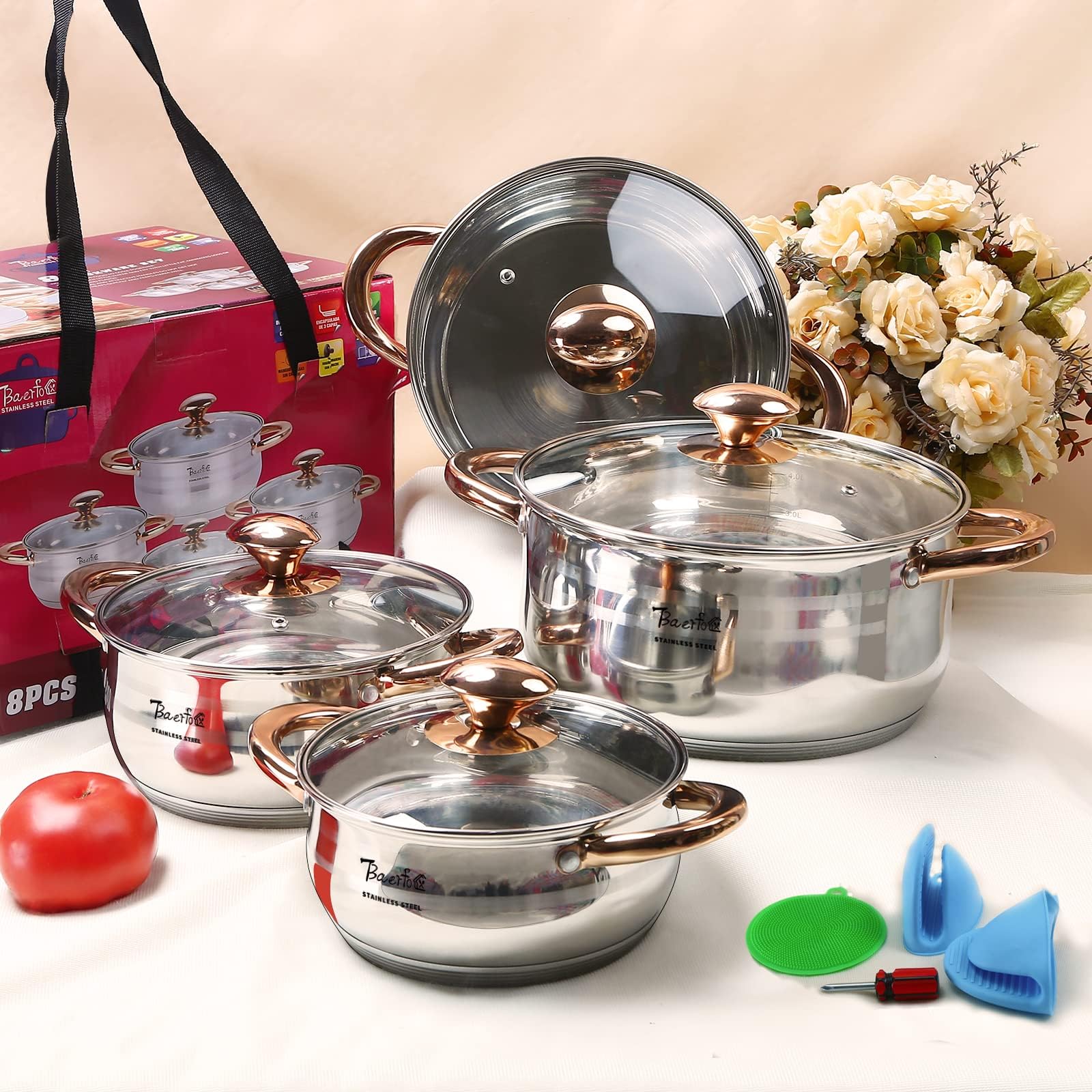 Upgraded Version 8 Pcs Pots Set Nonstick,Premium 304 Stainless Steel Pots,Pot Sets for Cooking Nonstick Clearance with Stainless Steel Handle and Glass Lid（1.5Qt,2.0Qt,3.0Qt,5Qt）