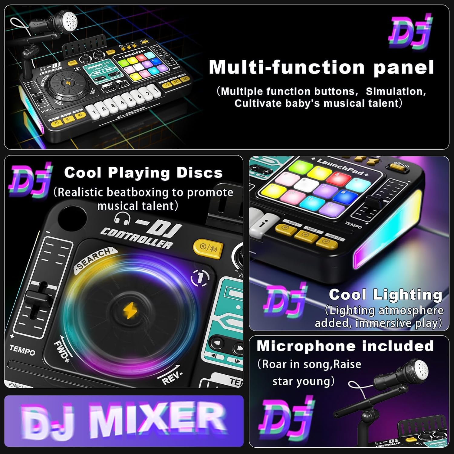 RedCrab DJ Mischpult für Kinder, DJ-Pult mit Mikrofon, Interaktives Musikspielzeug für Kinder, Musikalisches Konsole für Jungen Mädchen ab 3-12 Jahren, Mischpult Controller Spielzeug für dj-Anfänger