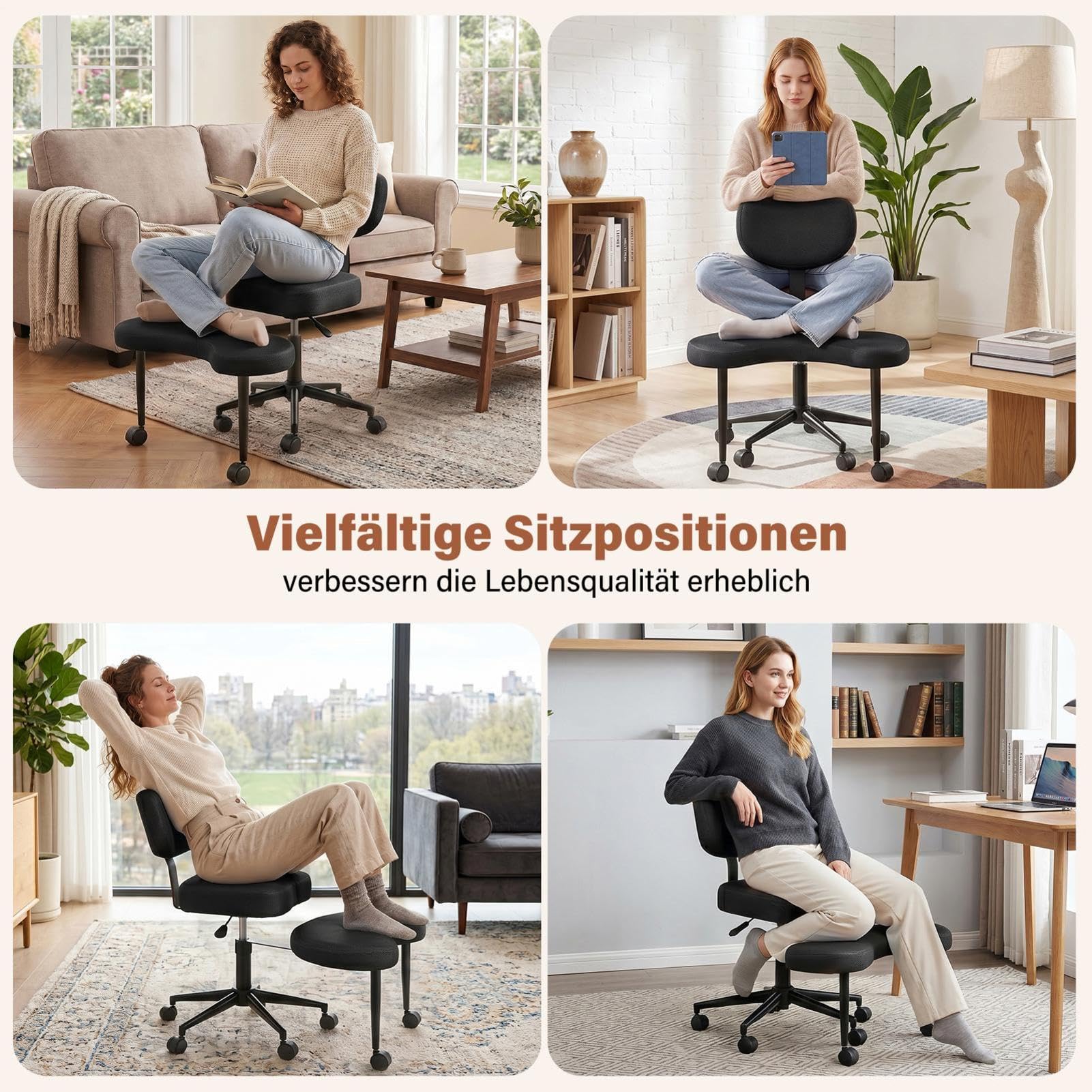 Meditationsstuhl, Crosses Legged Chair with Wheels, Yogastuhl ADHD Stuhl Mit Lendenwirbelstütze Und Verstellbarem Neigungswinkel, 47–59cm Einstellbare Höhe for Home and Offices