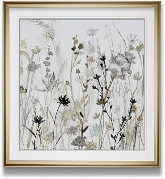 Wildflower Mist II Contemporary Flower Framed Wall Art Floral Art Gray Color Painting with Gold Frame Giclee Prints Wall Decor for Kitchen, Living Room, Bedroom