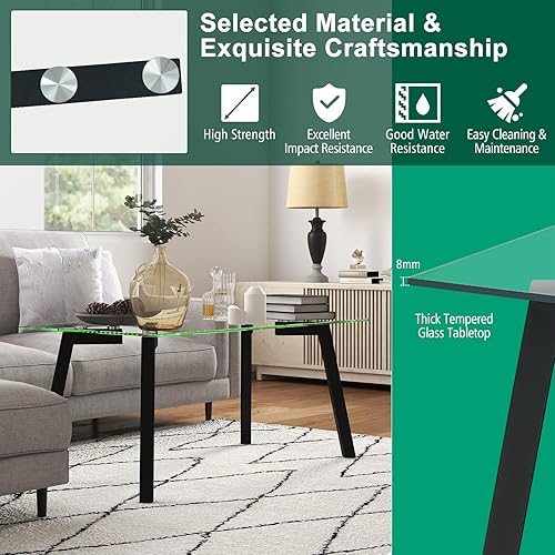 Miniatura 8 de Tangkula Mesa auxiliar de vidrio templado mesa central moderna con marco de metal resistente mesa de cóctel rectangular minimalista mesa de acento
