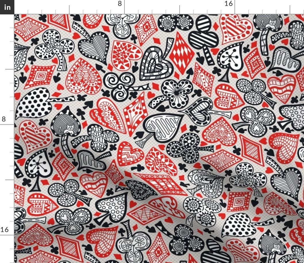 Spoonflower Fabric - Patterned Playing Card Hearts Clubs Diamonds Black Red Grey Printed on Petal Signature Cotton Fabric by The Yard - Sewing Quilting Apparel Crafts Decor