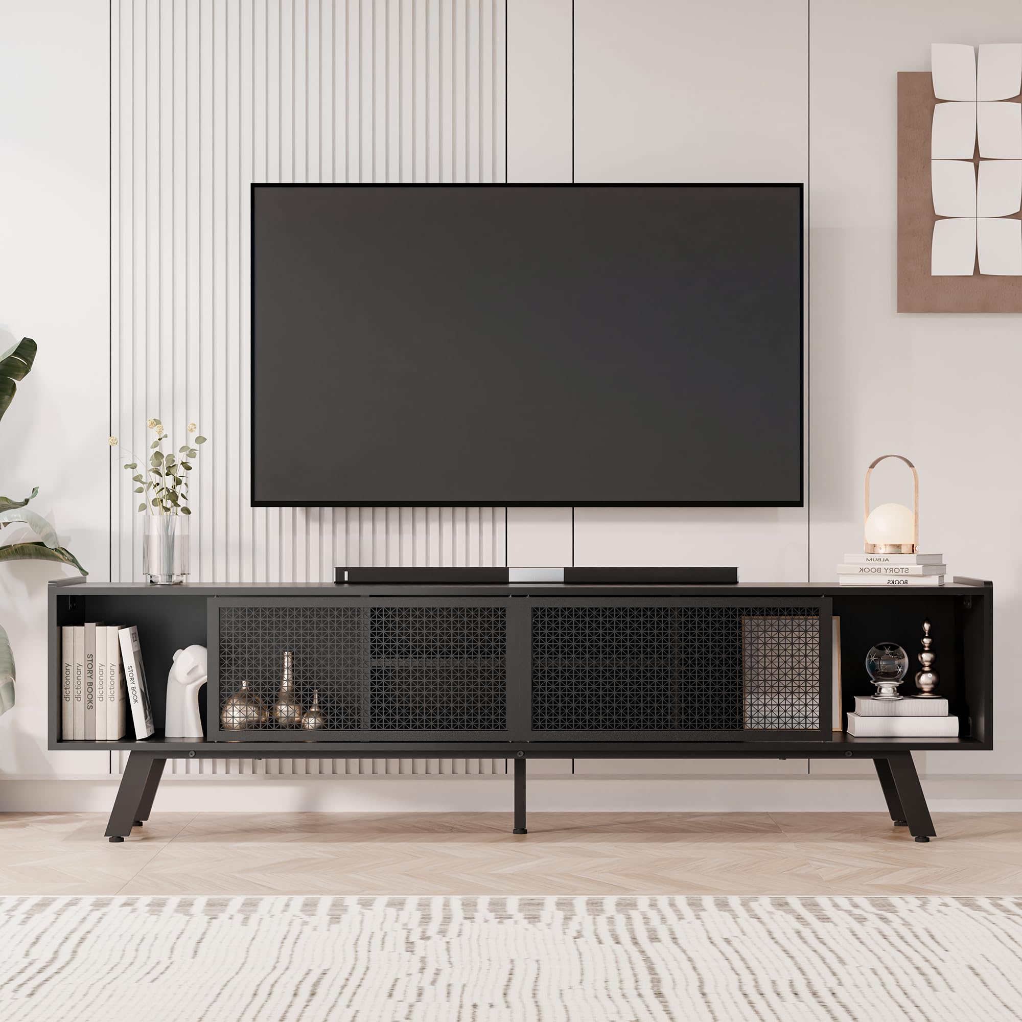 Redpick Black Mid Century TV Stand for TVs up to 80" Iron Rattan Entertainment Center with Sliding Door TV Media Console with Adjustable Shelves and 2