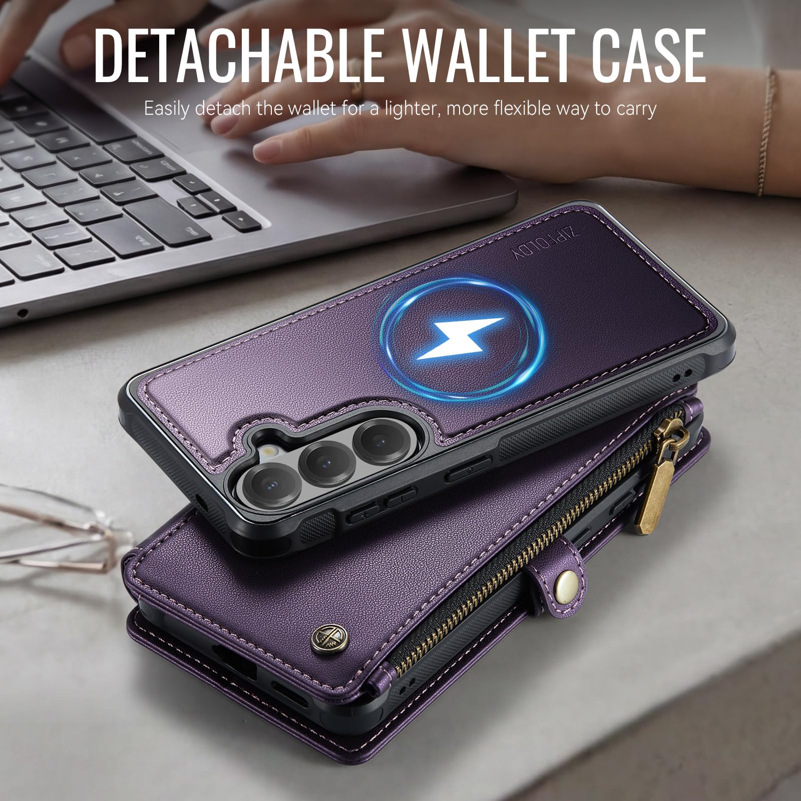 per Galaxy S24 - Custodia a portafoglio magnetica staccabile | Staccato per Magsafe, porta carte di credito con blocco RFID, borsa con cerniera, cinturino da polso, per donne e uomini