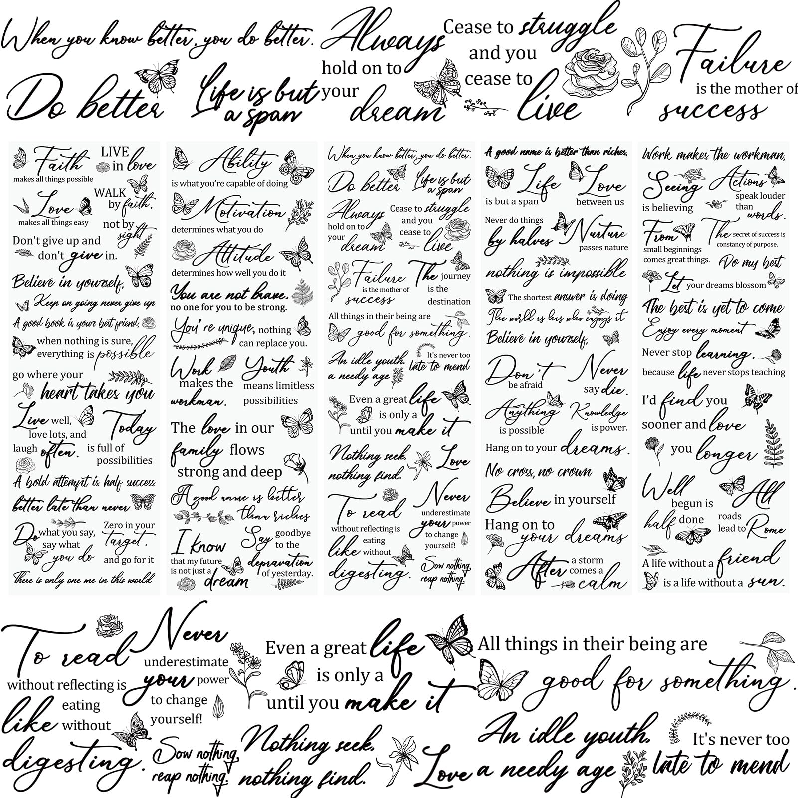 WANDIC5 Sheets Rub On Transfer Stickers Butterfly Decals Black Inspiration Word Stickers Furniture Windows Craft Decals for Home Office,11.8 * 3.9in