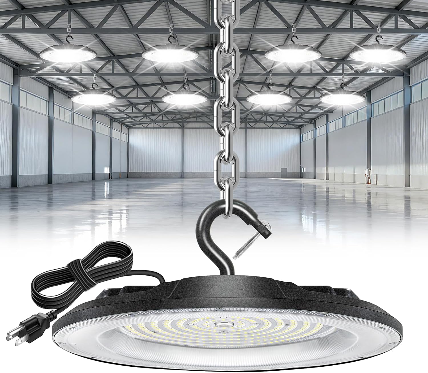 200W UFO LED High Bay Lights 5000K Daylight White, 30000LM High Bay Led Shop Lights with Plug 5ft Cable, Hanging Hook, 12in Plug In Ceiling Light for Gym Garage Workshop Warehouse Factory Barn, 1-Pack