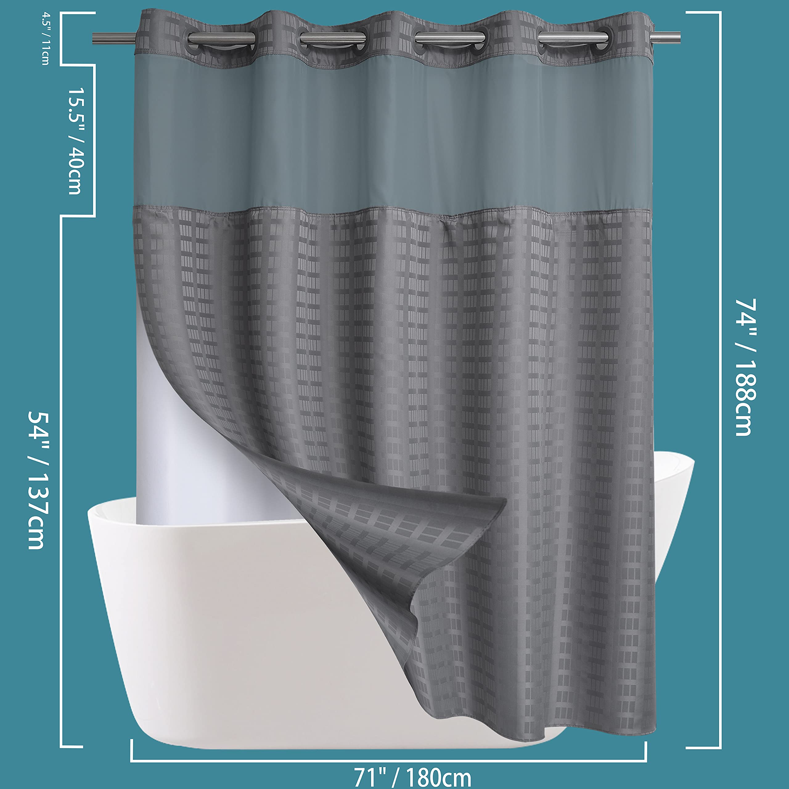 Conbo Mio Rideau de douche sans crochet avec doublure à clipser pour salle de bain Imperméable à l'eau Antirouille avec anneaux flexibles 71" x 74" Carreaux gris