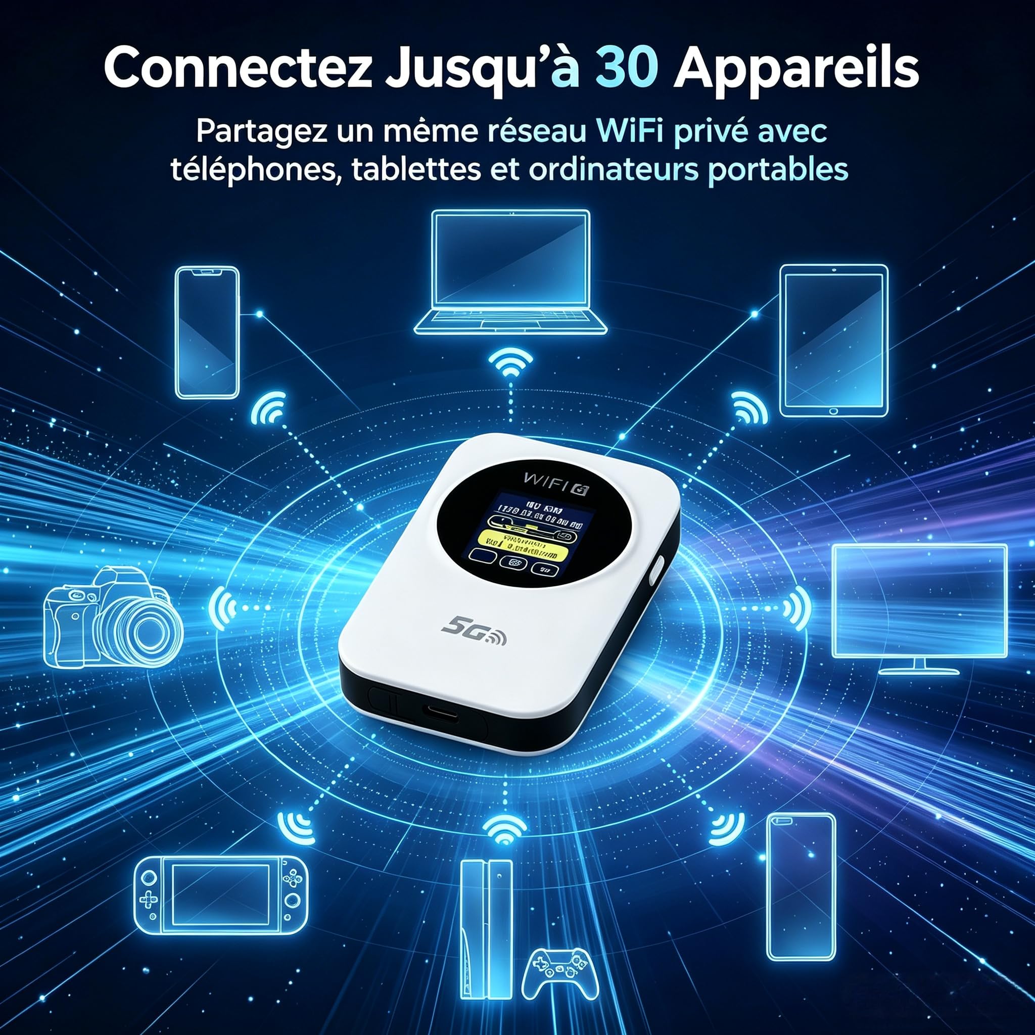 Routeur WiFi 6 Portable 5G Déverrouillé ，avec Emplacement SIM, Modem Internet Mobile Haut Débit 5G/4G+, Connexion Jusqu'à 30 Appareils, Idéal Voyage et Télétravail