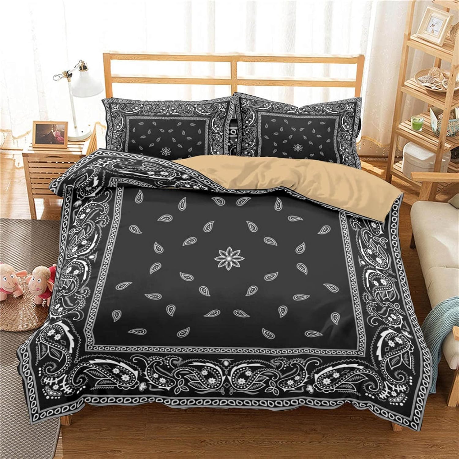 Duvet Cover King Size, 3D Black Paisley Bandana Cashew Flower 3D Print Duvet Cover Set, Luxury Soft 3 Pieces Bedding Set Breathable with 2 Pillow Shams for Hotel Bedroom Decor (No Comforter)