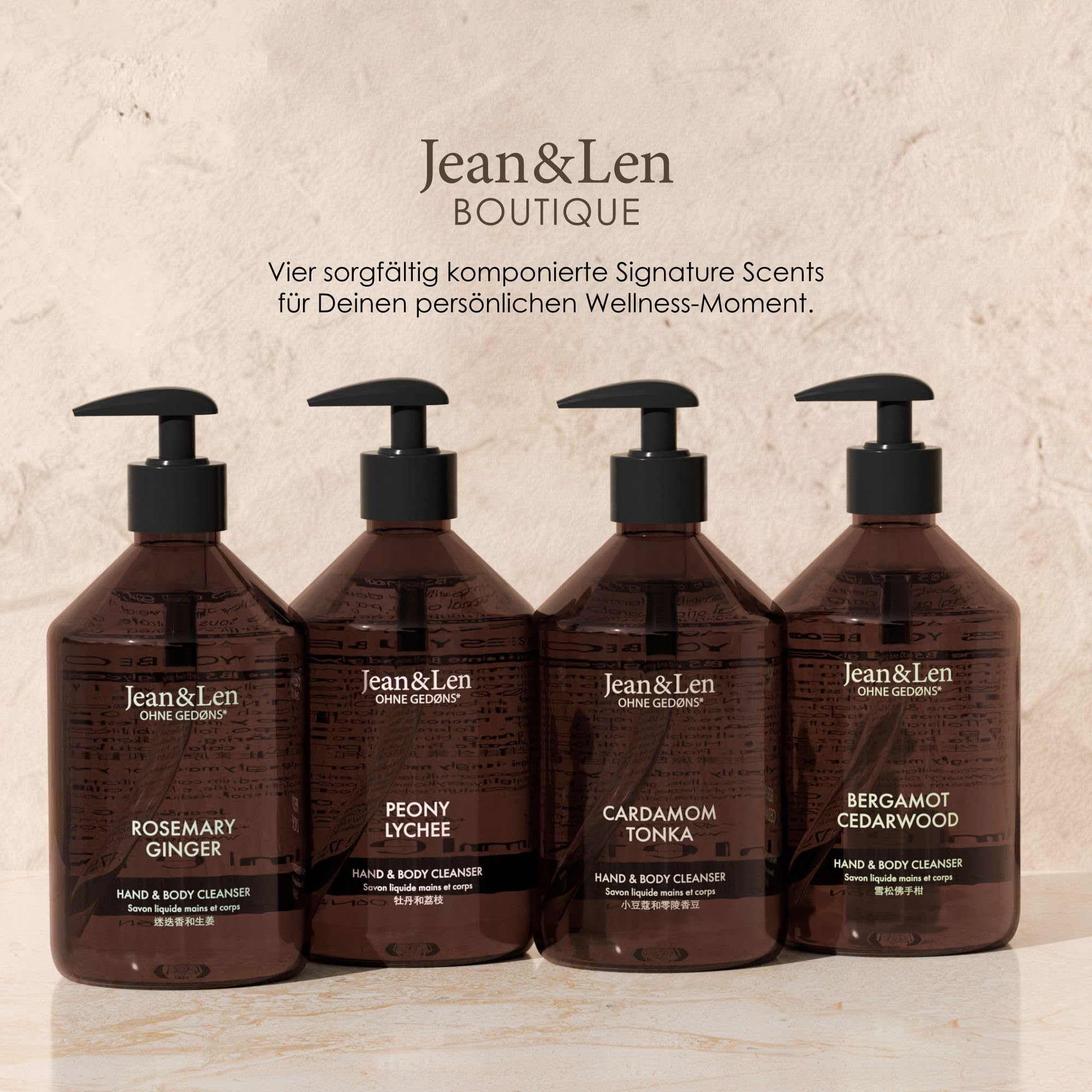 Jean & Len Hand & Body Cleanser Cardamom & Tonka, für ein duftendes Reinigungserlebnis, Körper- & Handseife in einer hochwertigen Flasche, exotisch-würziger Duft, vegan, 500 ml (Packung mit 4)