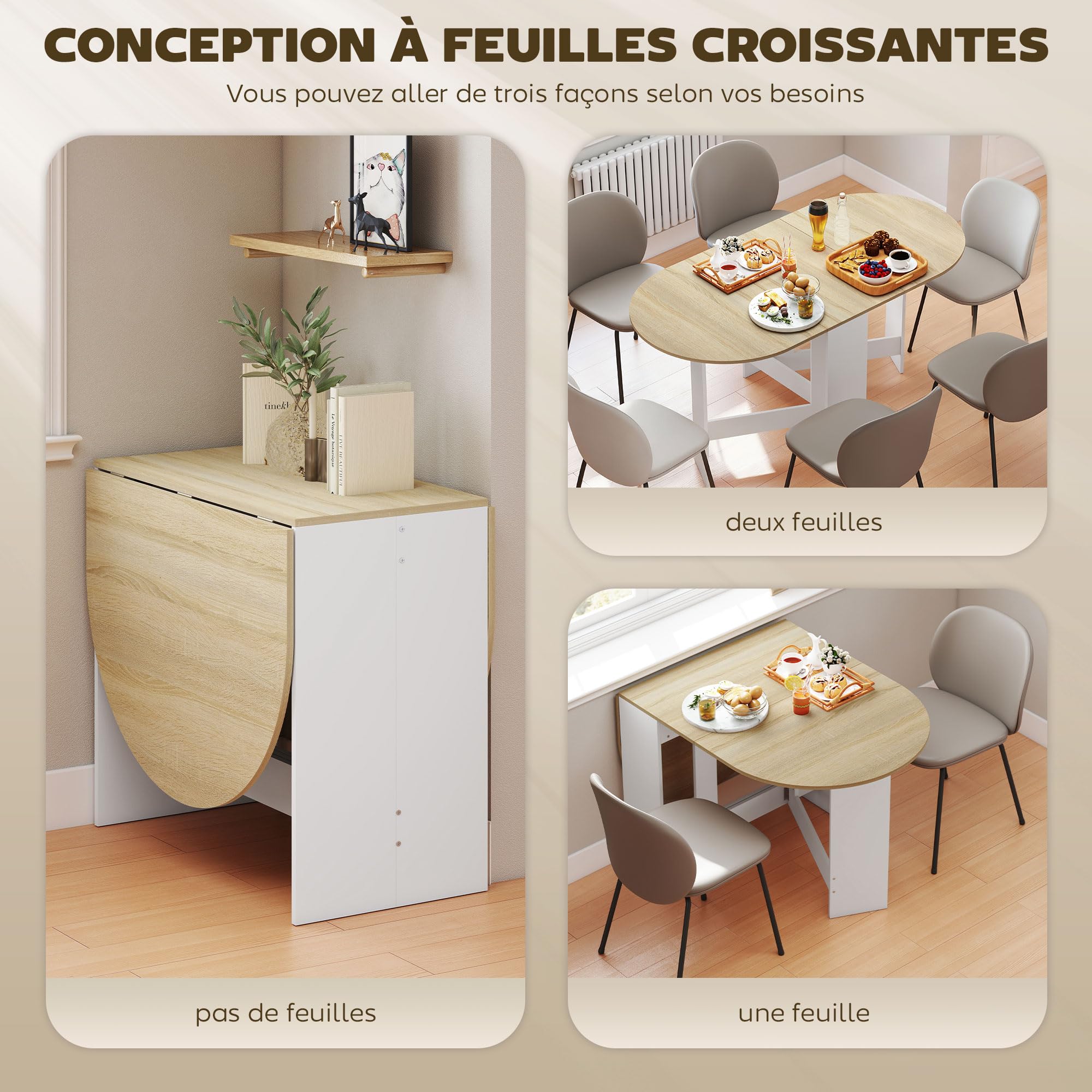 HOMCOM Tavolo da pranzo pieghevole fino a 6 persone in legno naturale e bianco | Tavolo pieghevole cucina ovale per piccoli spazi, sala da pranzo