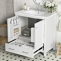 EXPEAK 30 Inch White Freestanding Bathroom Vanity with Sink, Soft-Close Doors, Divider Drawer & Organizer for Small Bathrooms