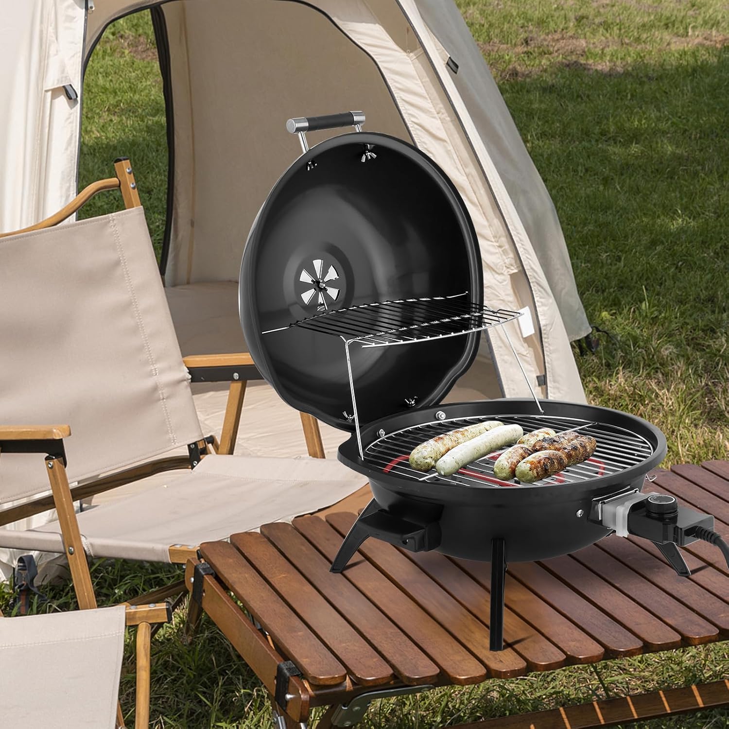 Electric BBQ Grill,Portable BBQ with Lid & Oil Drip Tray,Adjustable Temperature,Double Layer,1600W,Removable Stand Grill,Outdoor Electric Grill for Cookouts,BBQ Gatherings,Small Spaces (Black)